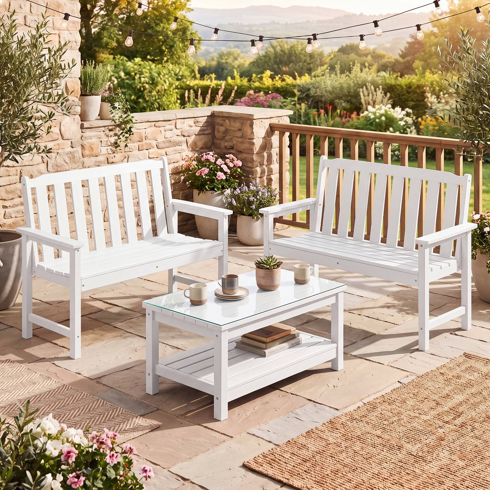 Alt View 4. Gymax - Gymax 2-Person All Weather HDPE Outdoor Garden Bench w/Backrest & Armrests for Lawn White - White.