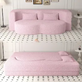 Loheer - Pink Convertible Floor Sofa Sherpa Fleece Sleeper Sofa Bed Full Size Folding Mattress No Assembly Required - Pink
