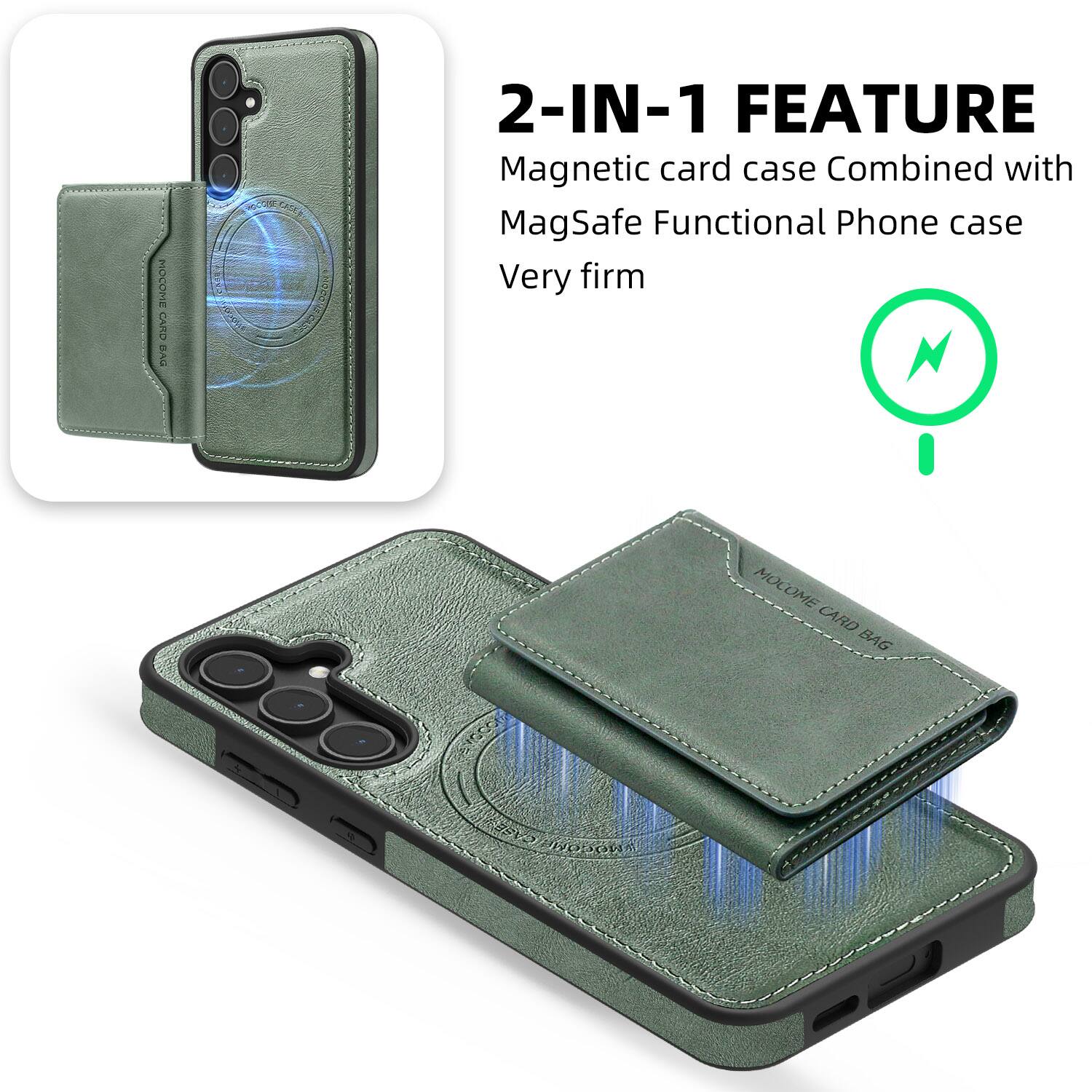 2-IN-1 FEATURE  
Magnetic card case Combined with MagSafe Functional Phone case  
Very firm  

MOCOME CARD BAG