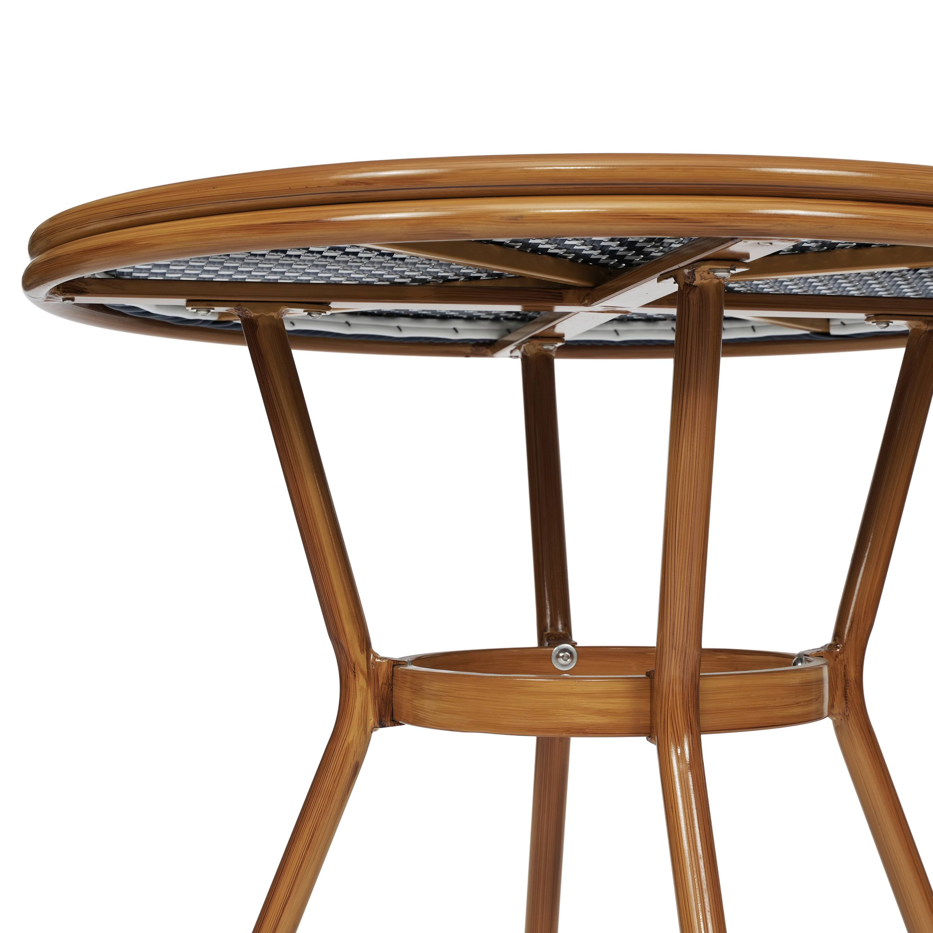 Alt View 9. Emma + Oliver - Soie Indoor/Outdoor Bistro Style 31.5 in. Table with PE Rattan, Glass Top, and Two Chairs - Metal Frame - Navy & White Rattan/Natural Frame.