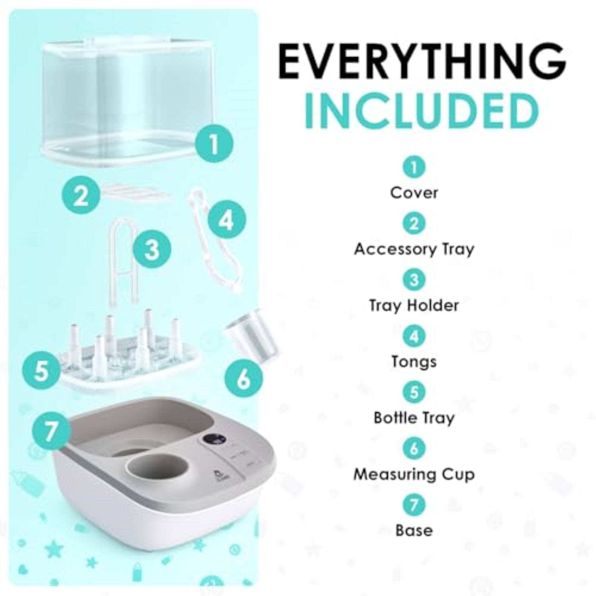 1. EVERYTHING INCLUDED
2. 1. Cover
3. 2. Accessory Tray
4. 3. Tray Holder
5. 4. Tongs
6. 5. Bottle Tray
7. 6. Measuring Cup
8. 7. Base
