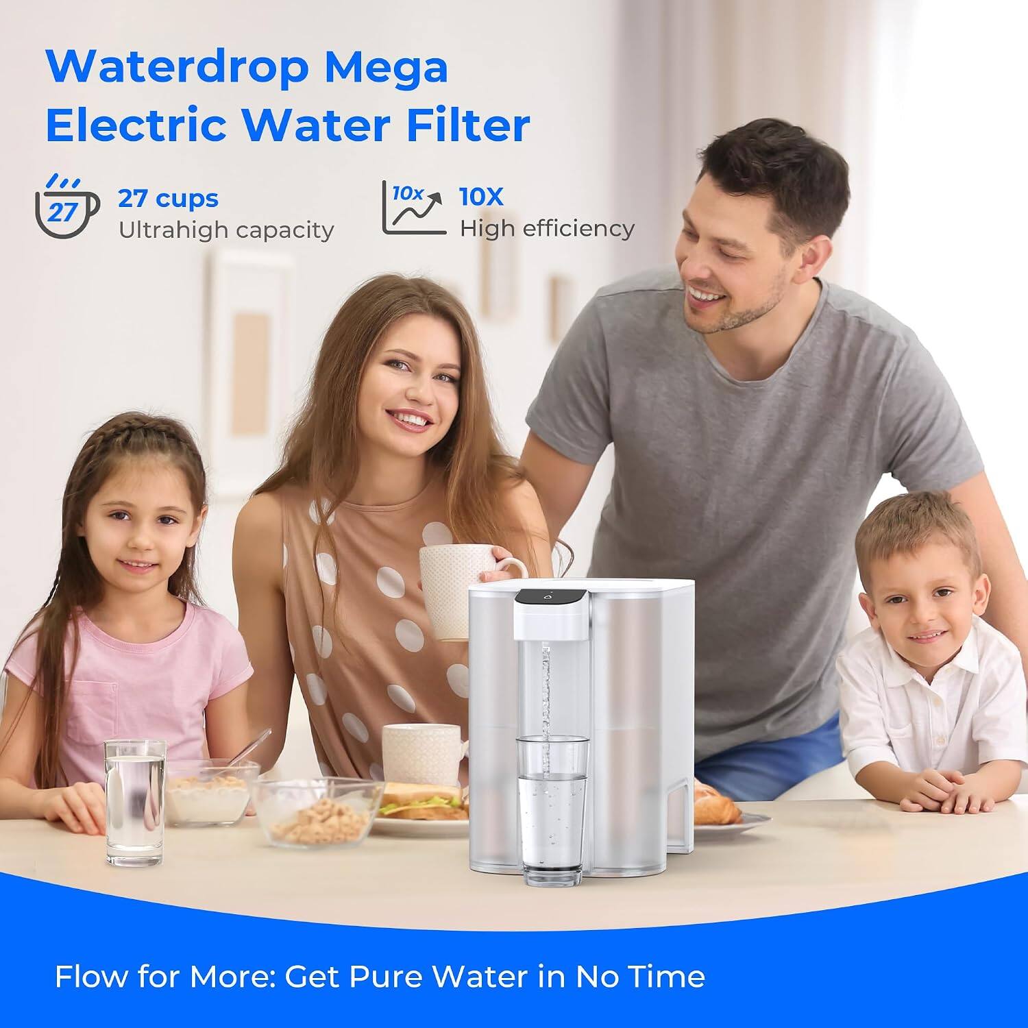 Waterdrop Mega Electric Water Filter

27 cups
Ultrahigh capacity

10X
High efficiency

Flow for More: Get Pure Water in No Time
