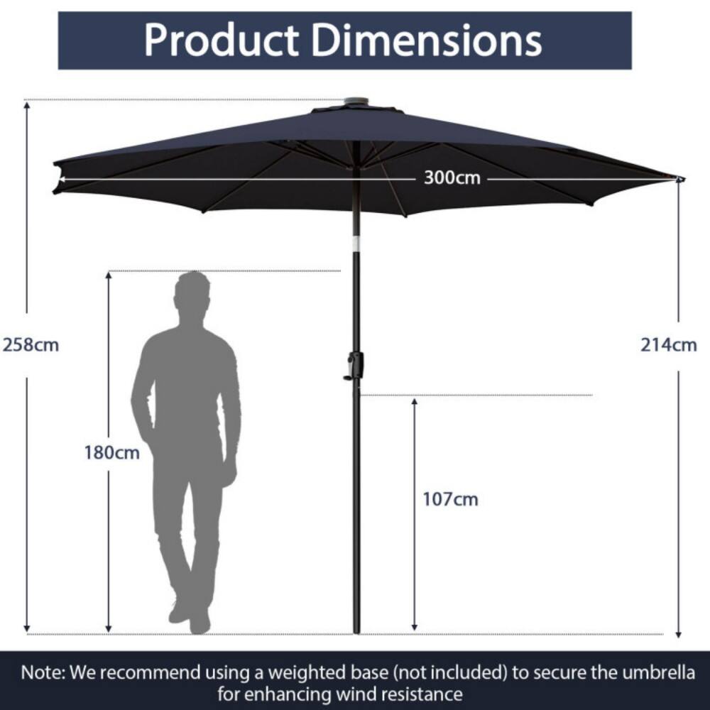 Product Dimensions:  
- 300cm  
- 258cm  
- 214cm  
- 180cm  
- 107cm  

Note: We recommend using a weighted base (not included) to secure the umbrella for enhancing wind resistance.
