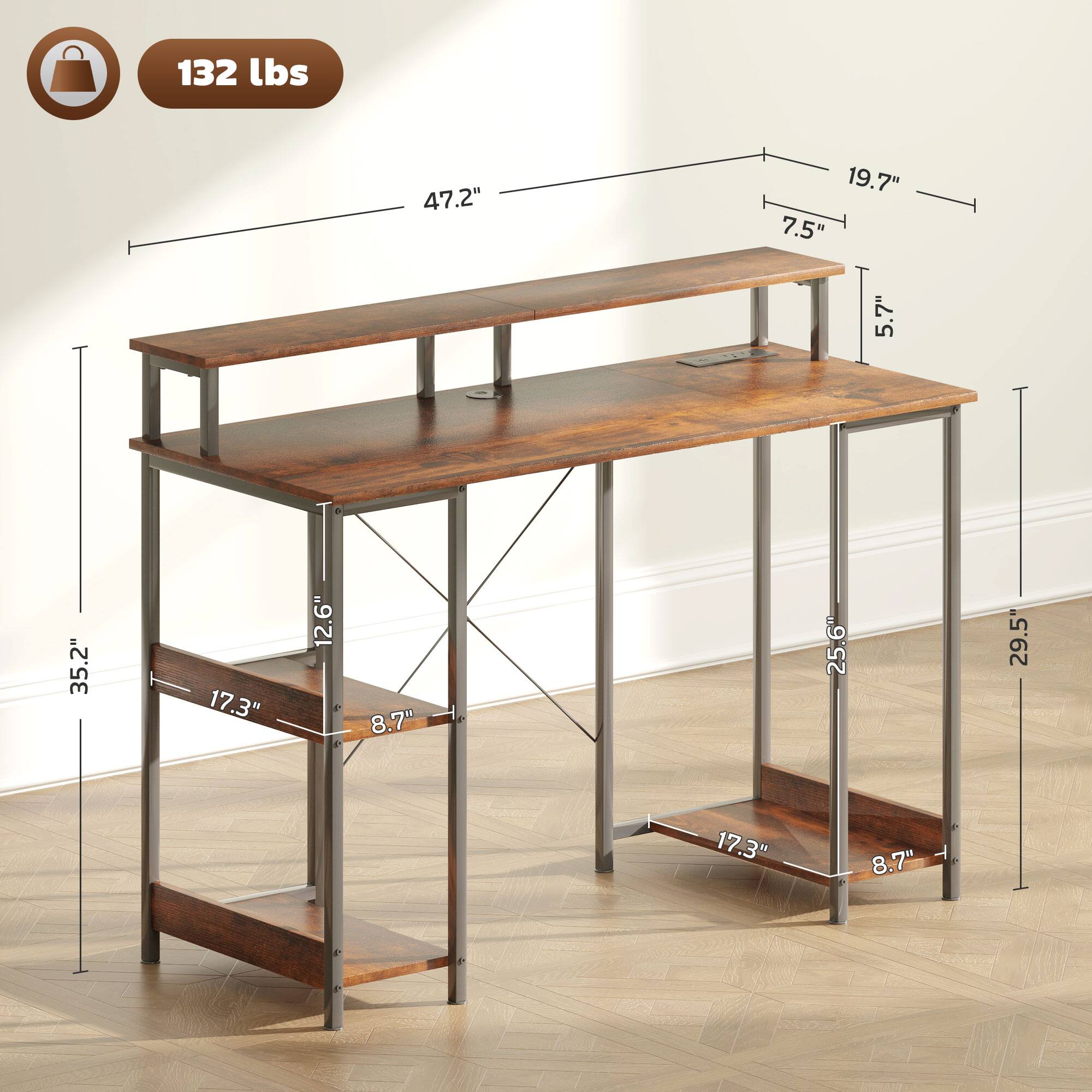 132 lbs, 47.2", 19.7", 7.5", 5.7", 35.2", 17.3", 12.6", 8.7", 25.6", 29.5", 17.3", 8.7"