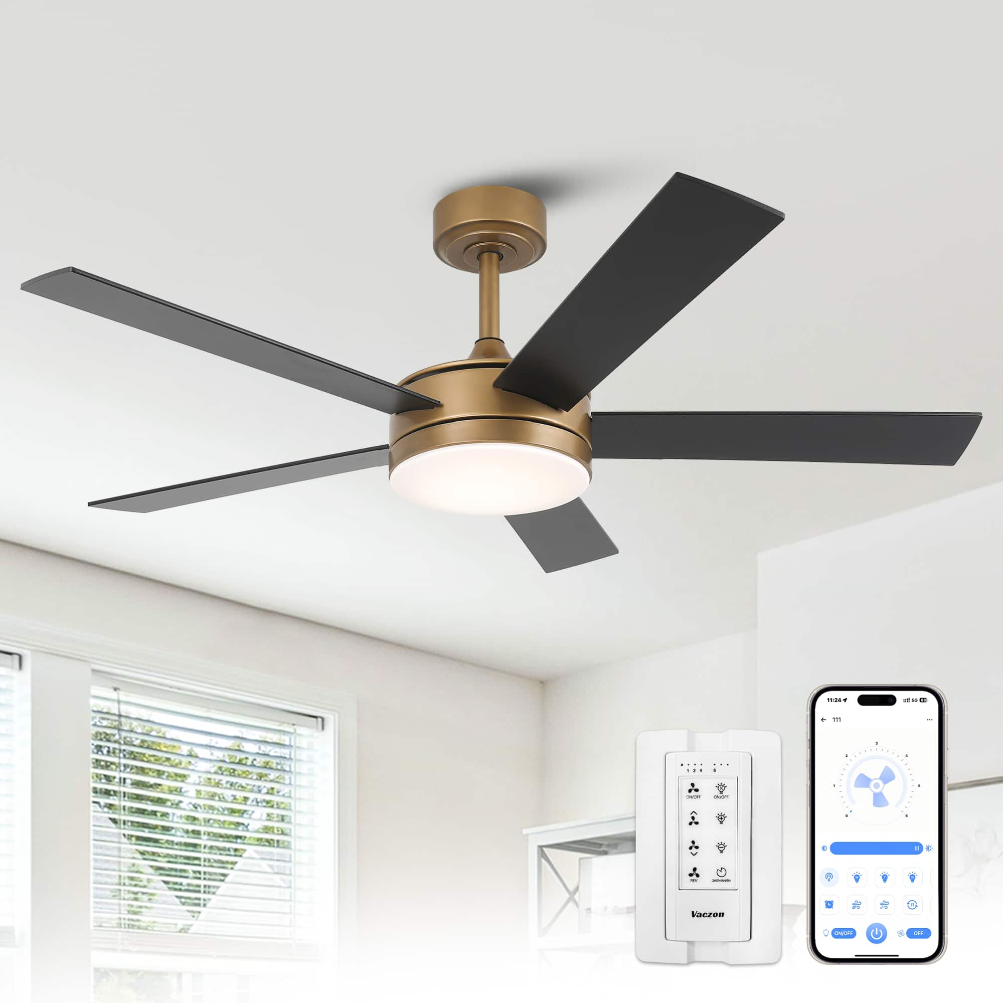 Photos - Fan Modern Vaczon - 48"  Dimmable LED Smart Ceiling  with Light and App, Remote and Reversible Blades - Gold 