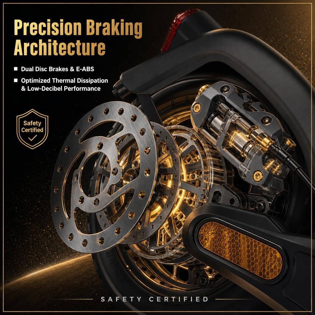 Precision Braking Architecture  
Dual Disc Brakes & E-ABS  
Optimized Thermal Dissipation & Low-Decibel Performance  
Safety Certified  
SAFETY CERTIFIED