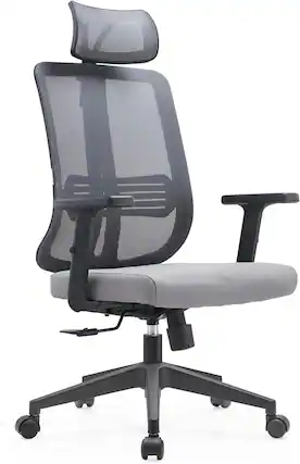 Front. LeisureMod - Nift Mesh Office Desk Chair with Headrest, Adjustable Height, Tilt, Armrests & Durable ABS Frame - Grey.