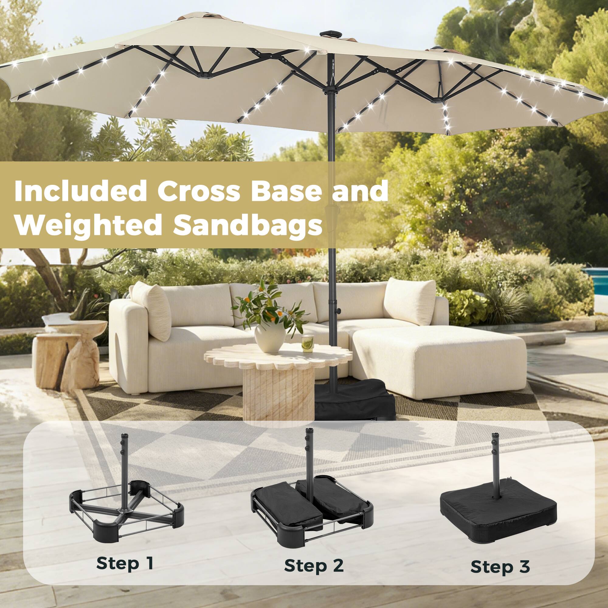 Included Cross Base and Weighted Sandbags  
Step 1  
Step 2  
Step 3