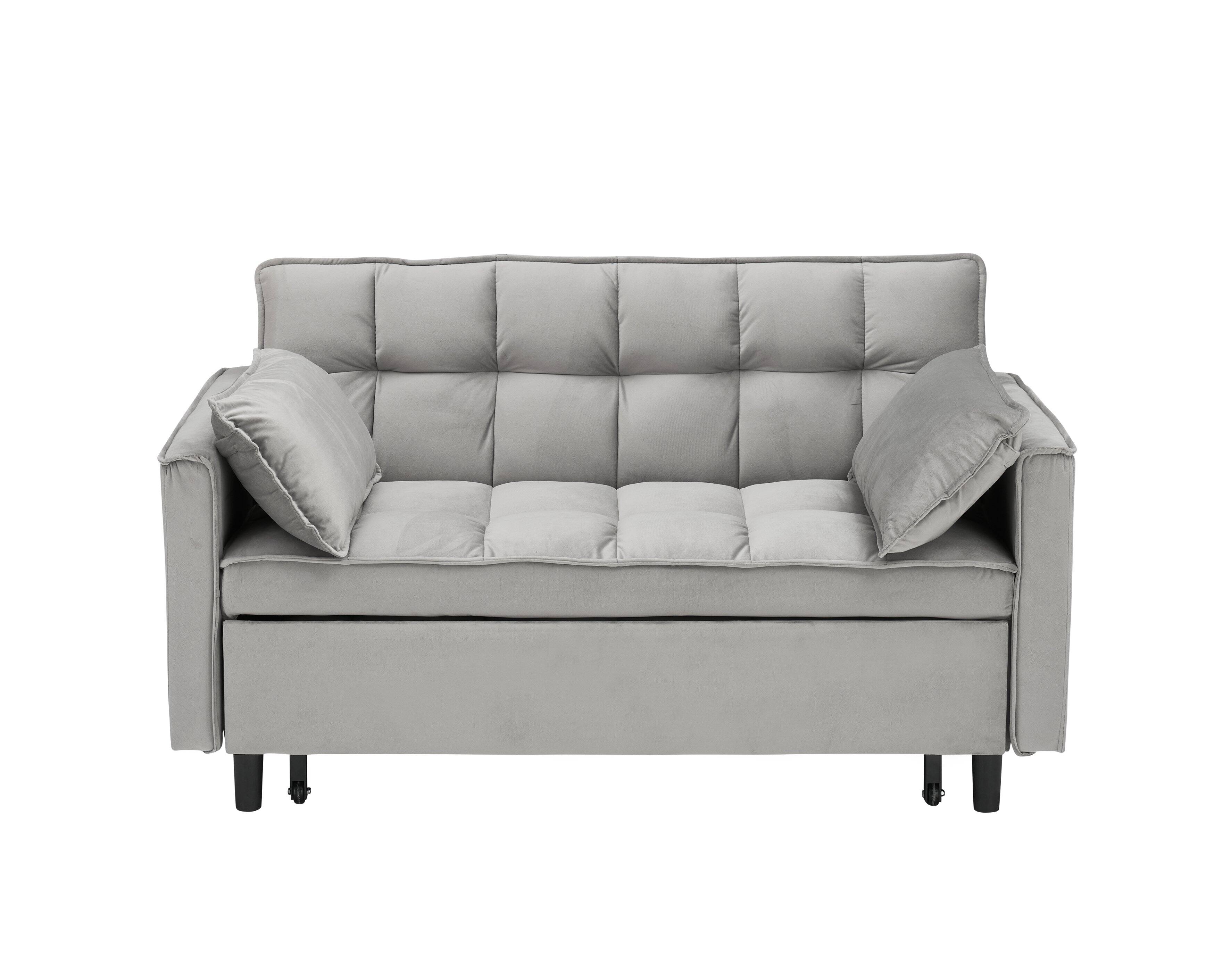 Left. Trinkets Crazed - 3 in 1 Velvet Convertible Sleeper Sofa Bed, Futon Couches for Living Room with Side Pocket/Adjustable Backrest - Gray.
