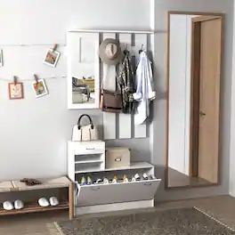 Loheer - Modern Entryway Combination Cabinet Shoe Cabinet with Mirror - Matte White