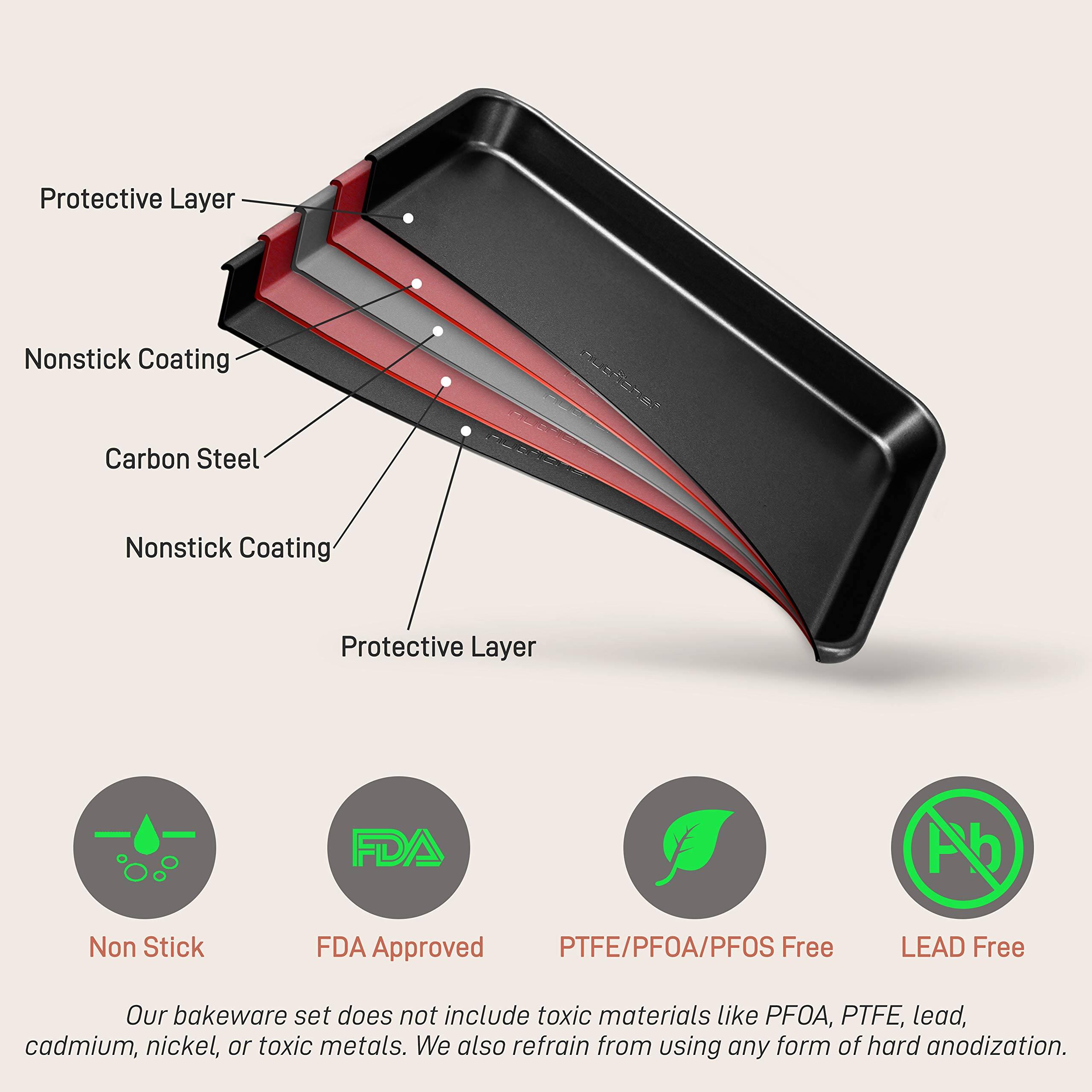 Protective Layer, Nonstick Coating, Carbon Steel, Nonstick Coating, Protective Layer, FDA Approved, Non Stick, PTFE/PFOA/PFOS Free, LEAD Free, Our bakeware set does not include toxic materials like PFOA, PTFE, lead, cadmium, nickel, or toxic metals. We also refrain from using any form of hard anodization.