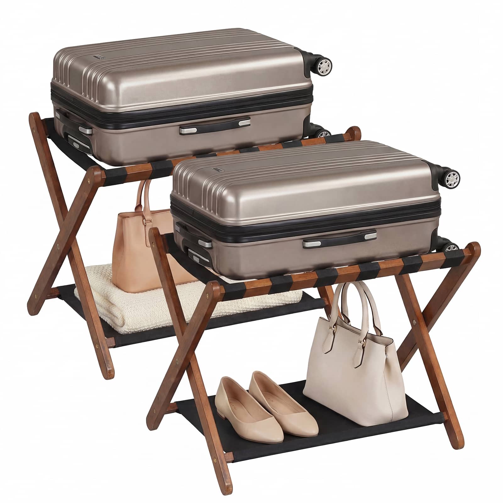 Costway - 2 PCS Luggage Rack, Solid Rubberwood Suitcase Stand with Nylon Shelves, Portable - Black + Brown price history on PriceWatchPro