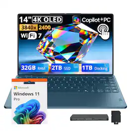 Lenovo - Upgraded - Yoga Slim 9 14" 4K OLED Touch Laptop,Intel Ultra 7 258V,32GB RAM,2TB+1TB Dock Set,Backlit,Fingerprint,Win 11 Pro - Teal