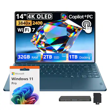 14" 4K OLED 3840x2400 Wi-Fi 7 Copilot + PC 32GB RAM 2TB SSD 1TB Docking
Microsoft Windows 11 Pro