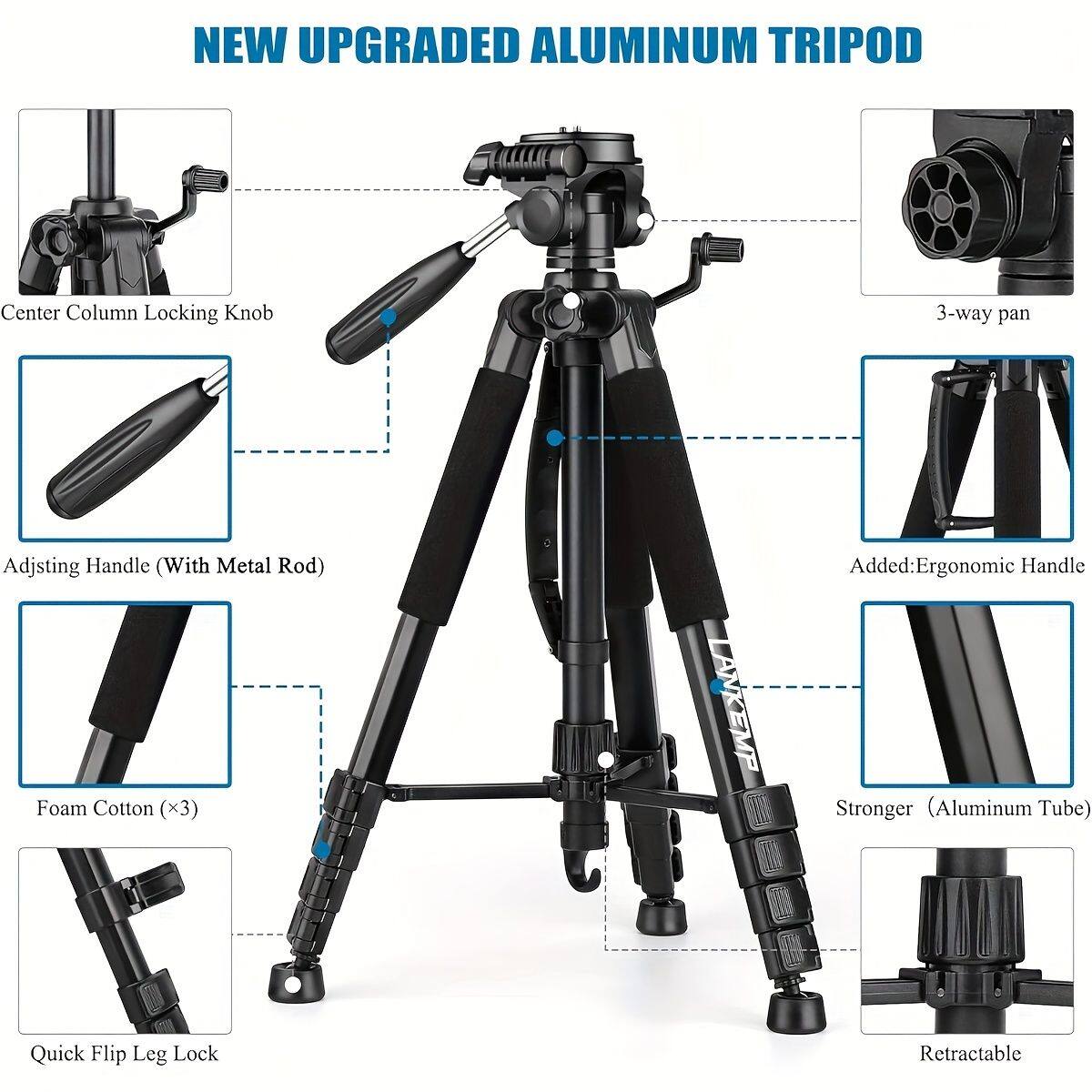 NEW UPGRADED ALUMINUM TRIPOD

- Center Column Locking Knob
- Adjusting Handle (With Metal Rod)
- Foam Cotton (x3)
- Quick Flip Leg Lock
- 3-way pan
- Added: Ergonomic Handle
- Stronger (Aluminum Tube)
- Retractable