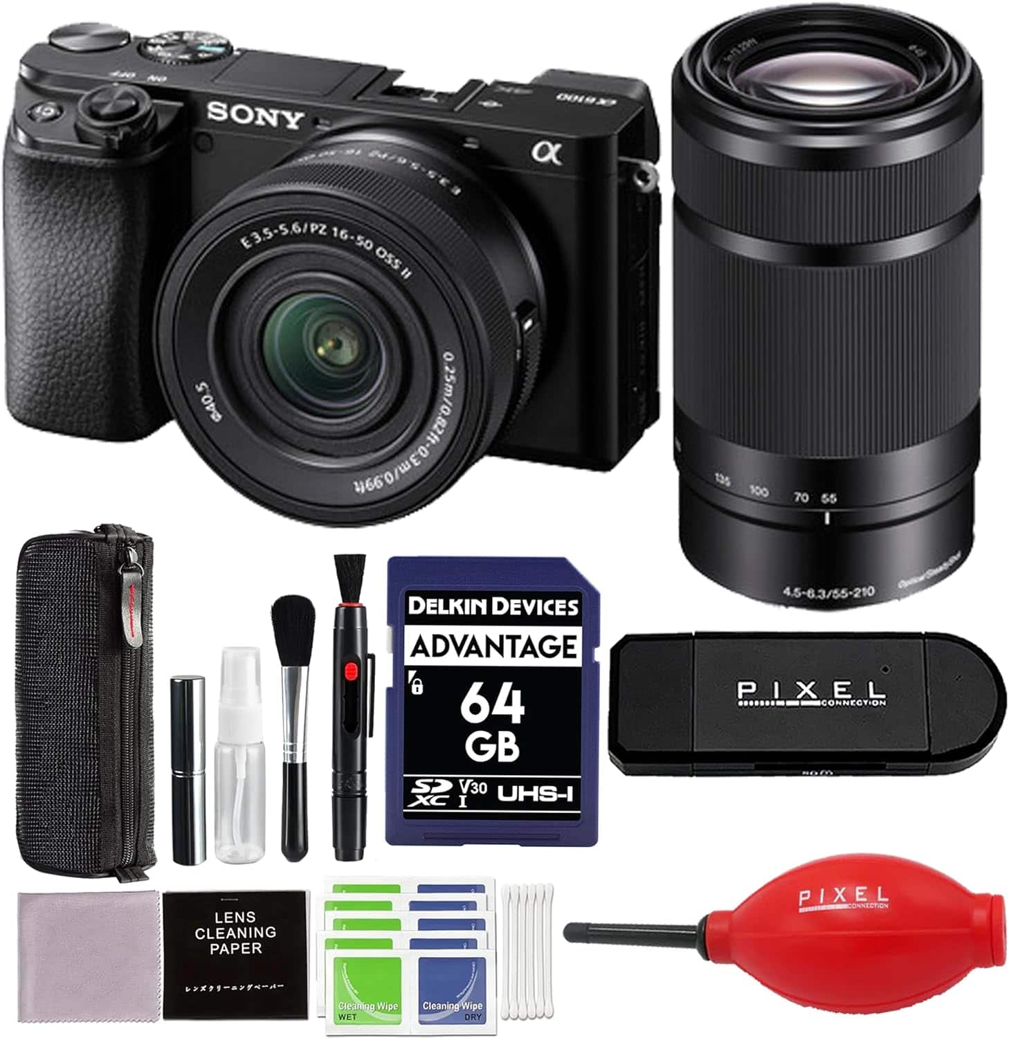 Sony - a6100 Mirrorless Camera with 16-50mm and 55-210mm Lenses and 64GB SD Card, Card Reader and More - Black