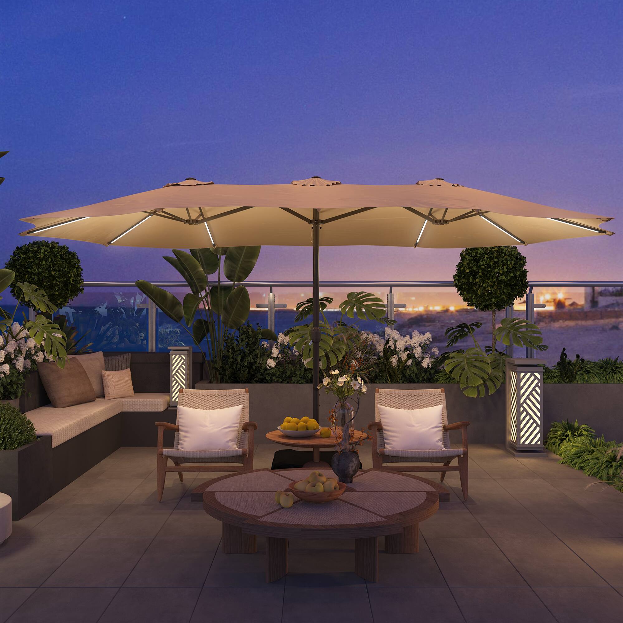 Left. Mondawe - 15ft Patio Maket Umbrella Solar light strip Double-sided umbrella with base - Tan.