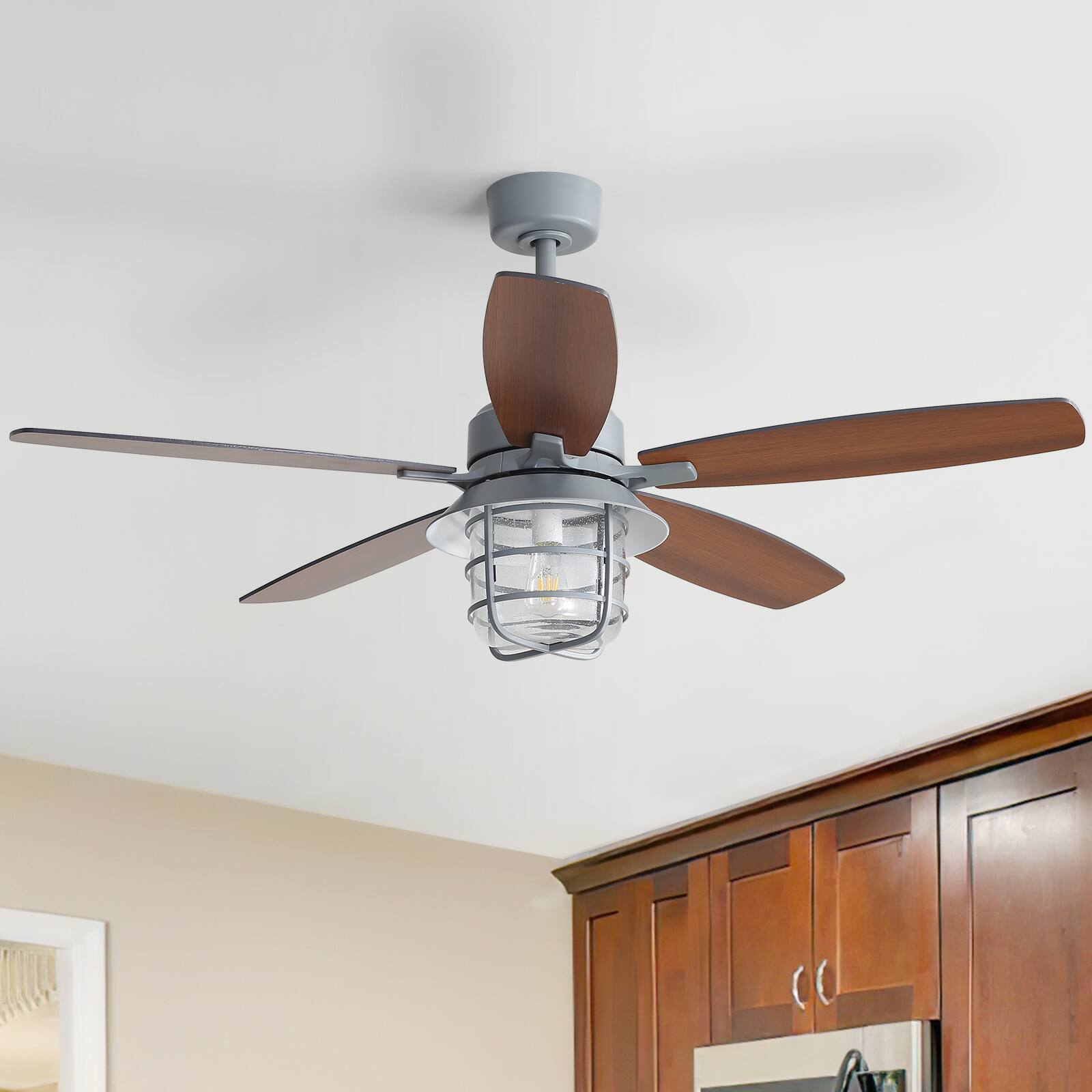 Angle. GreenEver - 52" Modern Ceiling Fan with Dual-Finish Reversible Blades, Silent DC Motor, Dimmable LED & Bubble Glass - Grey.