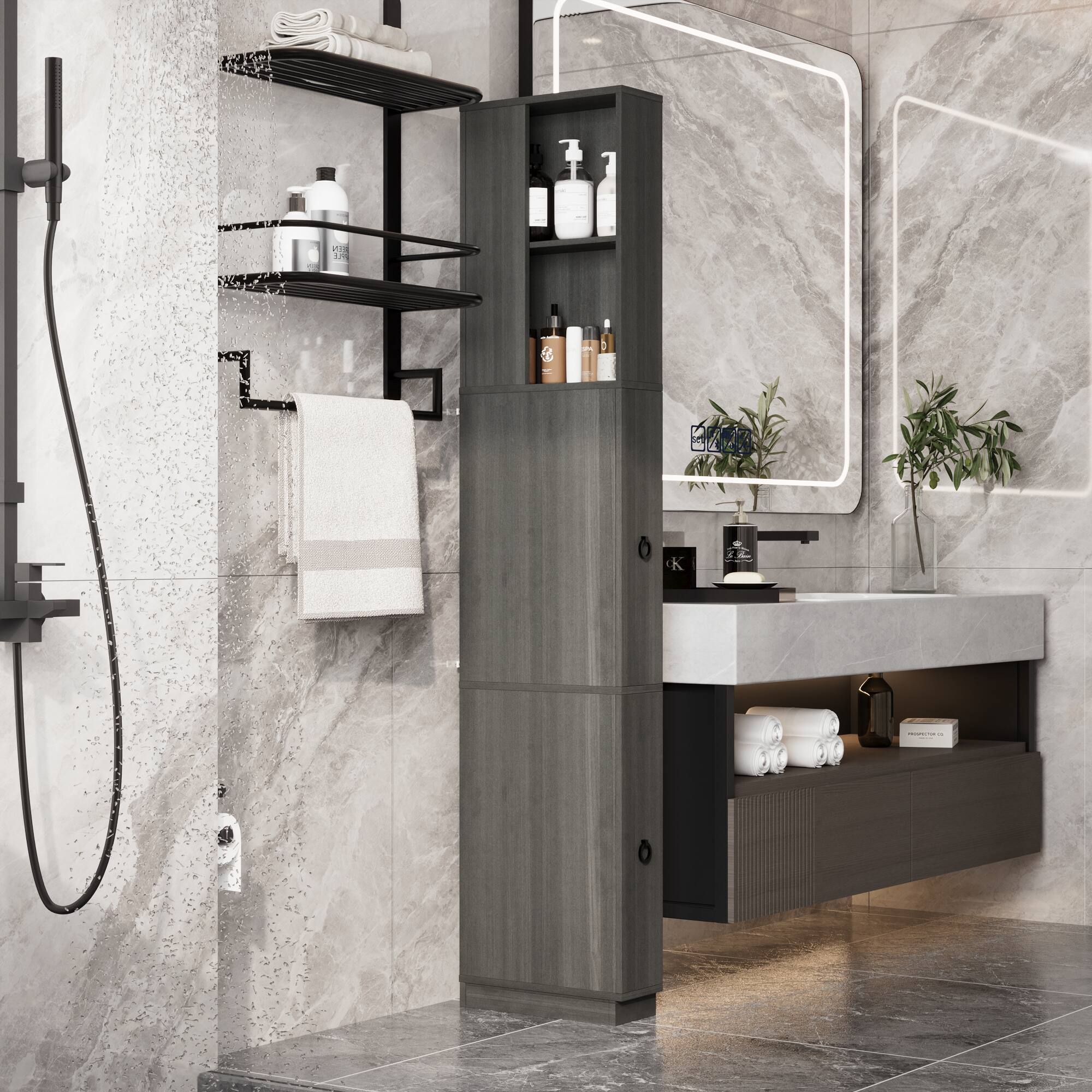 Back. Famapy - Slim Tall Storage Cabinet with Dark Gray Wood Grain, Narrow Floor Cabinet for Bathroom, Bedroom or Closet Organization - Black.