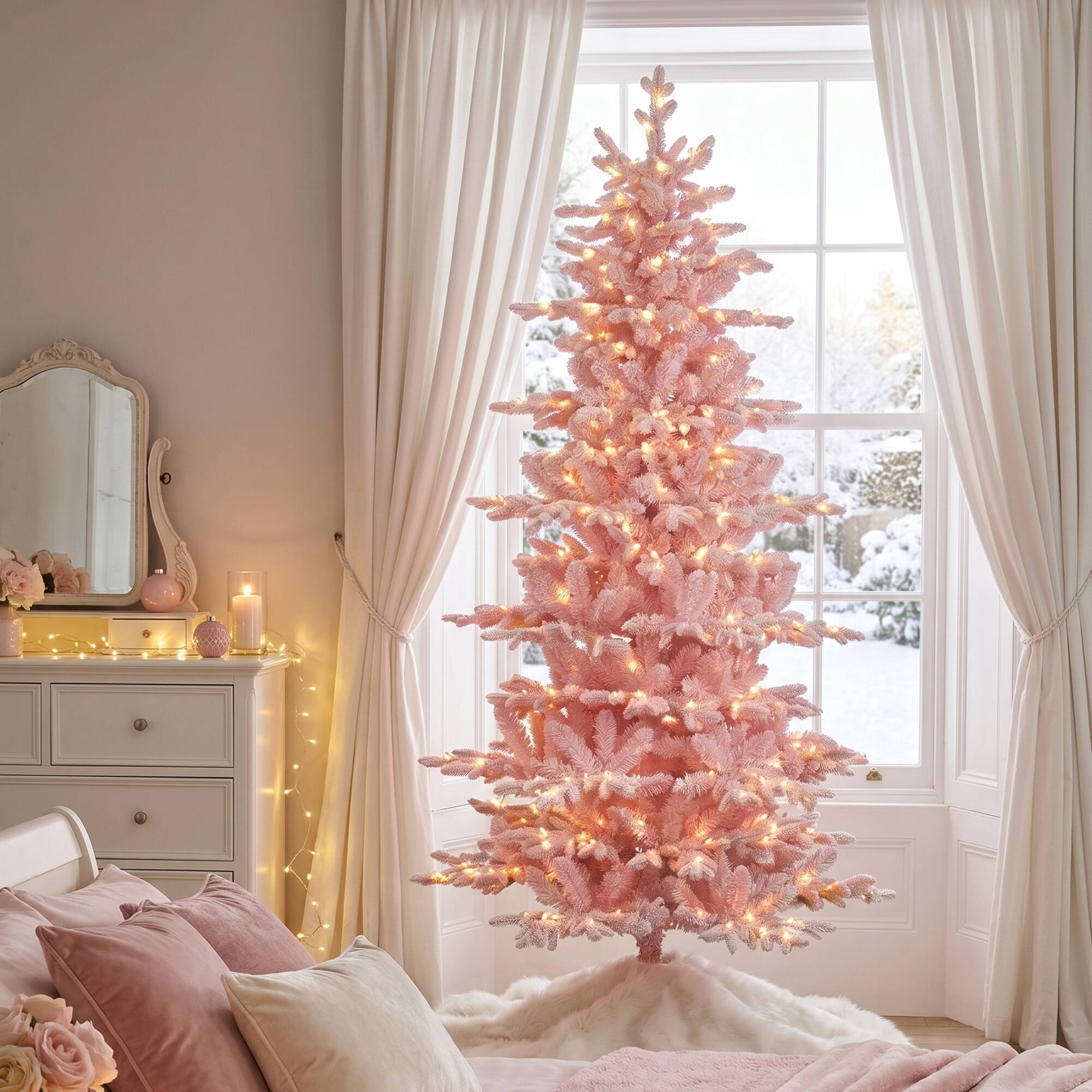 Back. Glitzhome - 7.5ft Deluxe Pre-Lit Flocked Slim Fir Artificial Christmas Tree with 360 Lights - Pink.