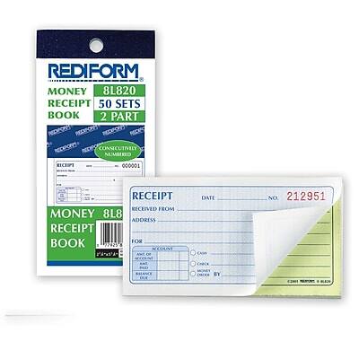 REDIFORM  
MONEY 8L820  
RECEIPT BOOK  
50 SETS  
2 PART  

CONSECUTIVELY NUMBERED  
000001  

RECEIPT  
NO. 212951  
DATE  
RECEIVED FROM  
ADDRESS  
FOR  
ACCOUNT  
CASH  
CHECK  
BALANCE DR  
BY