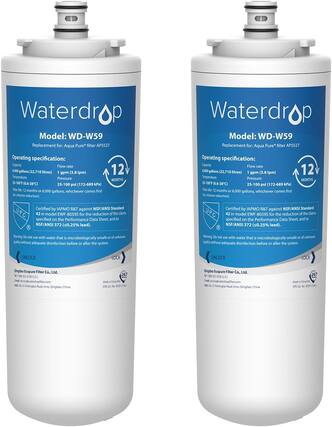 Waterdrop
Model: WD-W59
Replacement for: Aqua Pure* filter APS527
Operating specification:
Capacity: 6,000 gallons (22,710 litres)
Flow rate: 1 gpm (3.8 lpm)
Temperature: 33-100°F (0.6-38°C)
Pressure: 25-100 psi (172-689 kPa)
Filter life: 12 months or 6,000 gallons, whichever comes first (for chlorine reduction)
Certified by IAPMO R&T against NSF/ANSI Standard 42 in model EWF-80595 for the reduction of the claims specified on the Performance Data Sheet, and to NSF/ANSI 372 (≤0.25% lead).
Warning: Do not use with water that is microbiologically unsafe or of unknown quality without adequate disinfection before or after the system.
Qingdao ExpoPure Filter Co., Ltd.
Add: No. 13, Yongqiao Road, Jimo, Qingdao, China
Email: service@waterdropfilter.com
E