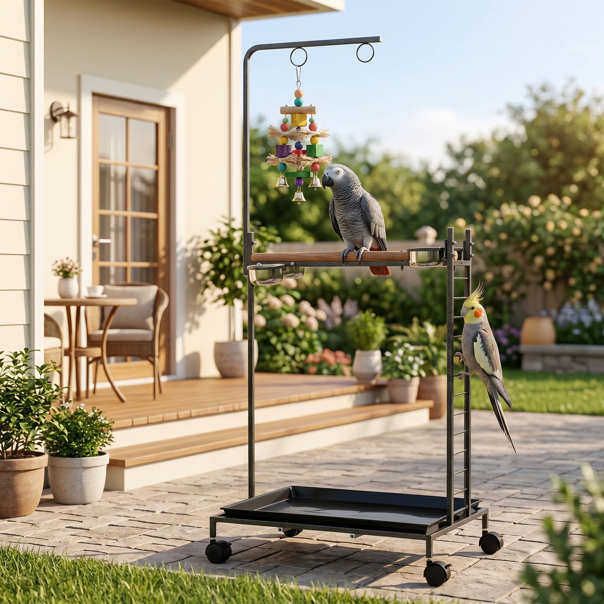 Alt View 1. Pawhut - Stand with Wheels Parrot Stand with Slide-out Tray Stainless Steel Bowls for Indoor Outdoor Dark - Dark Gray.