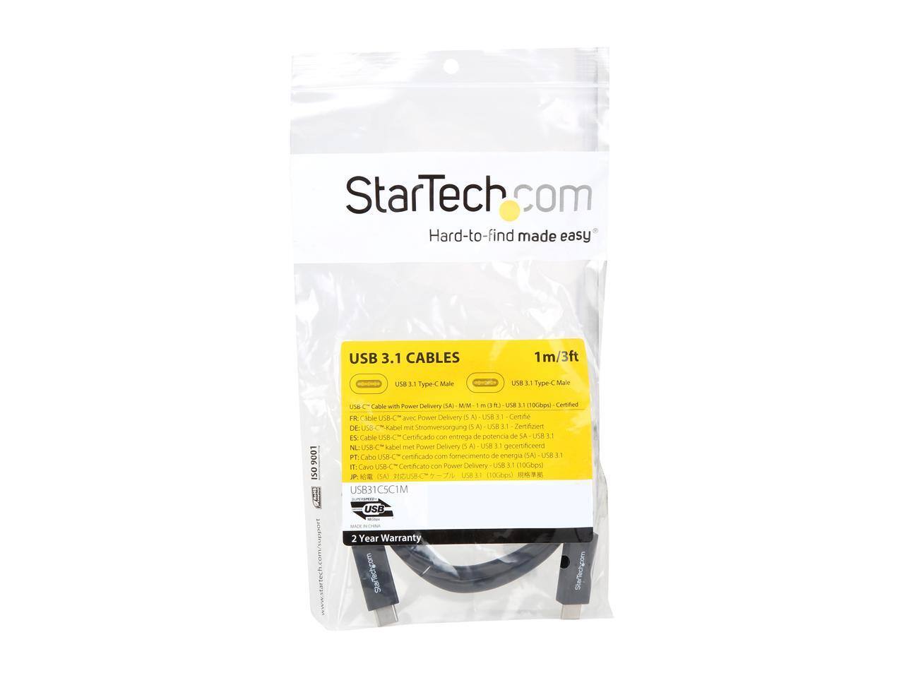 StarTech.com  
Hard-to-find made easy  

USB 3.1 CABLES  
1m/3ft  

USB 3.1 Type-C Male to USB 3.1 Type-C Male  
USB-C Cable with Power Delivery (5A) - M/M  

10Gbps Certified  

FR: Cable USB-C avec Power Delivery 5A - USB 3.1 Certifié  
DE: USB-C-Kabel mit Stromversorgung (5A) - USB 3.1 Zertifiziert  
NL: USB-C-kabel met Power Delivery (5A) - USB 3.1 Gecertificeerd  
ES: Cable USB-C Certificado con entrega de potencia de 5A - USB 3.1  
IT: Cavo USB-C Certificato con Power Delivery 5A - USB 3.1  
PT: Cabo USB-C Certificado com fornecimento de energia (5A) - USB 3.1  

USB31 CSC1M  

2 Year Warranty