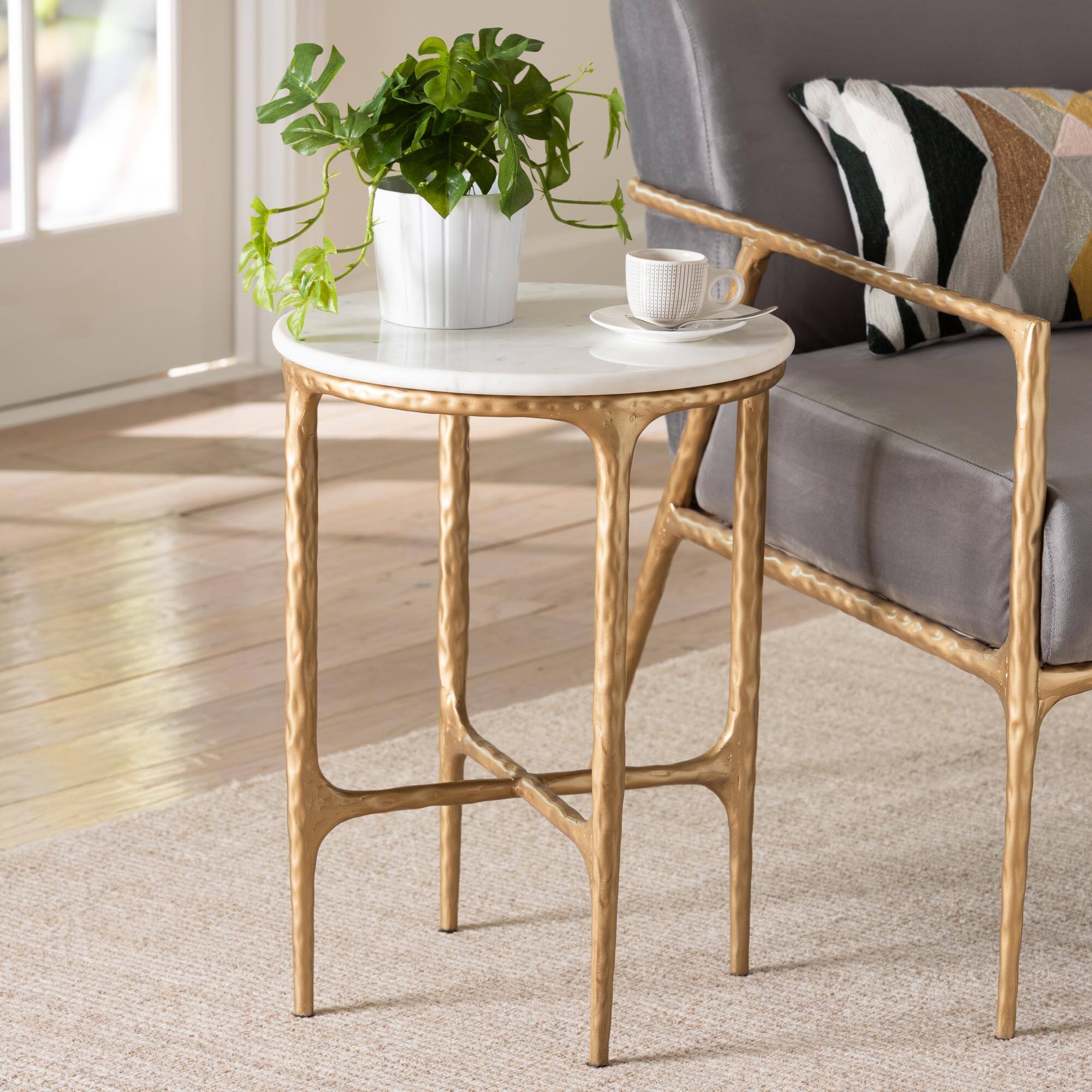 Alt View 2. Baxton Studio - Akanji Marble End Table - Modern Rustic Accent Table with Hand-Forged Metal Frame, Round - Marble White/Gold.