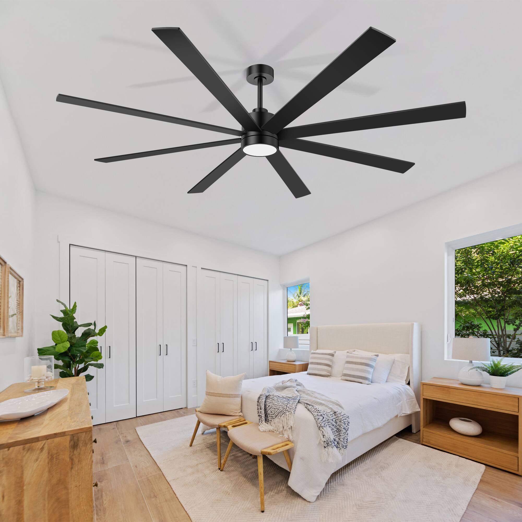Back. Breezary - 72-Inch Modern LED Ceiling Fan, 8 Plywood Blades, Quiet DC Motor, 6 Speeds, Timer & Remote, 6"/12" Downrod - 72-inch Black Ceiling Fan.