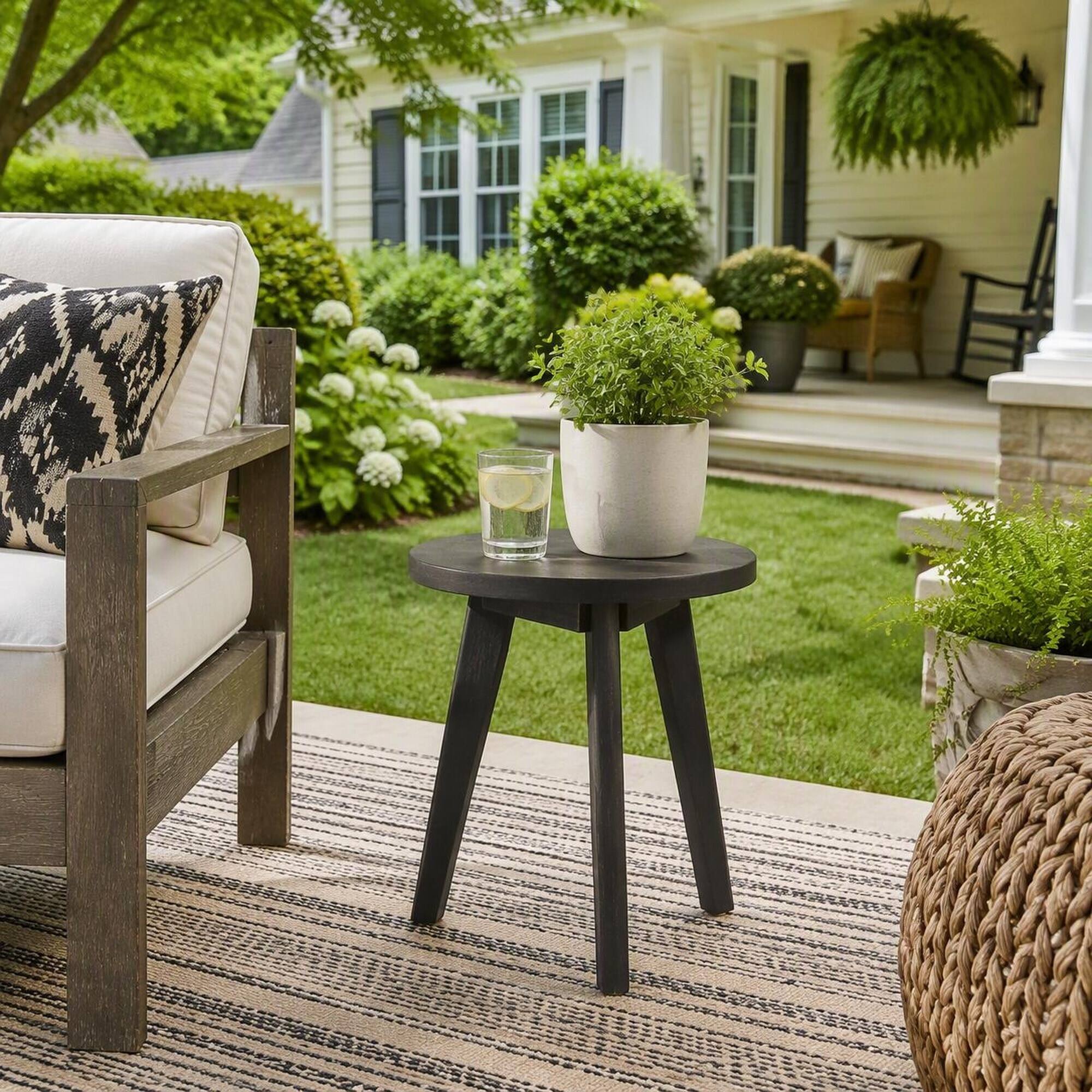 Back. RYHNUYNE - Rustic Dark Grey Round Outdoor End Table,3-Leg Wood Side Table for Patio Garden Balcony - Gray.