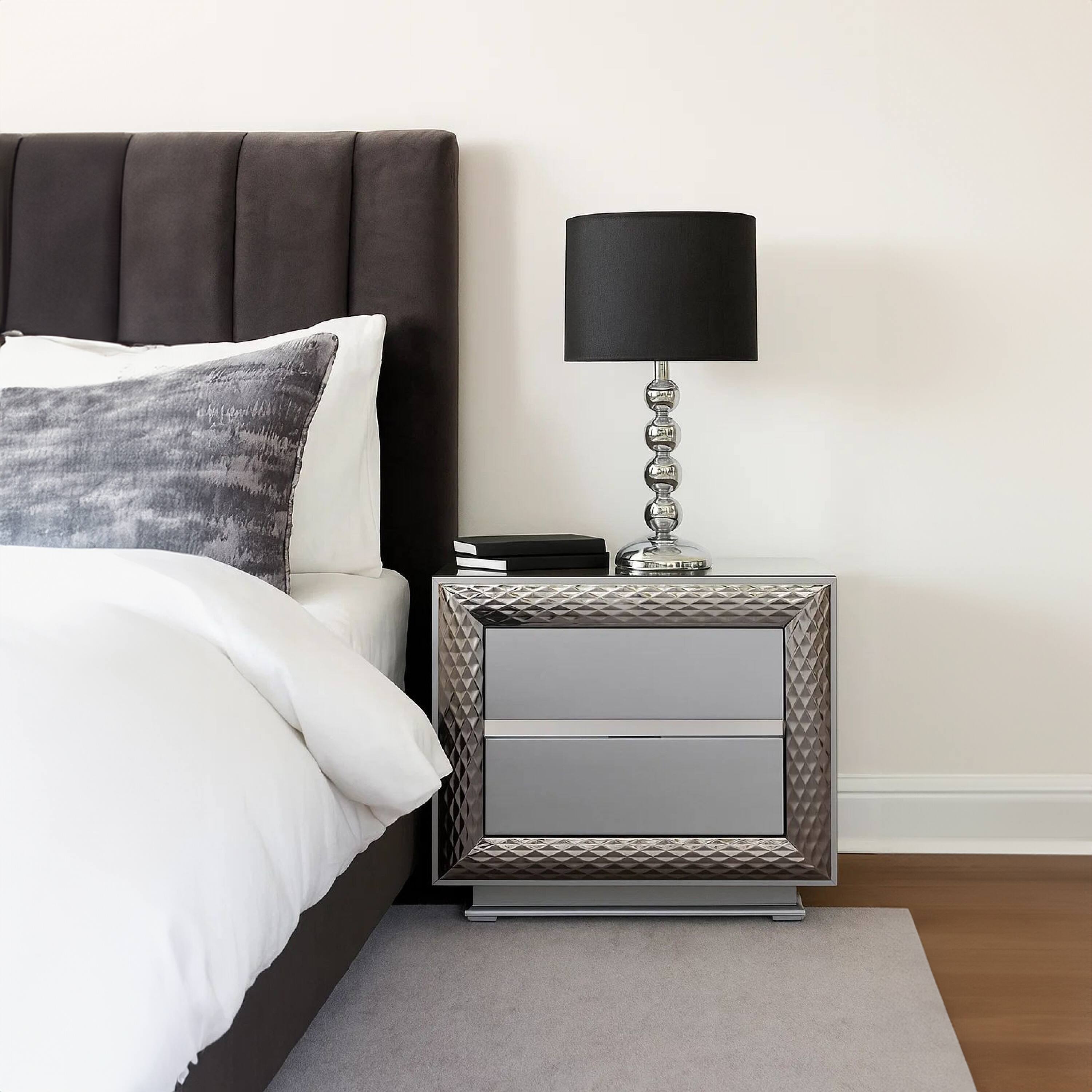 Alt View 6. Manhattan Lane - Vino 2 Drawer Nightstand, Plinth Base Gray Wood wity Silver Trim - Gray, Silver.