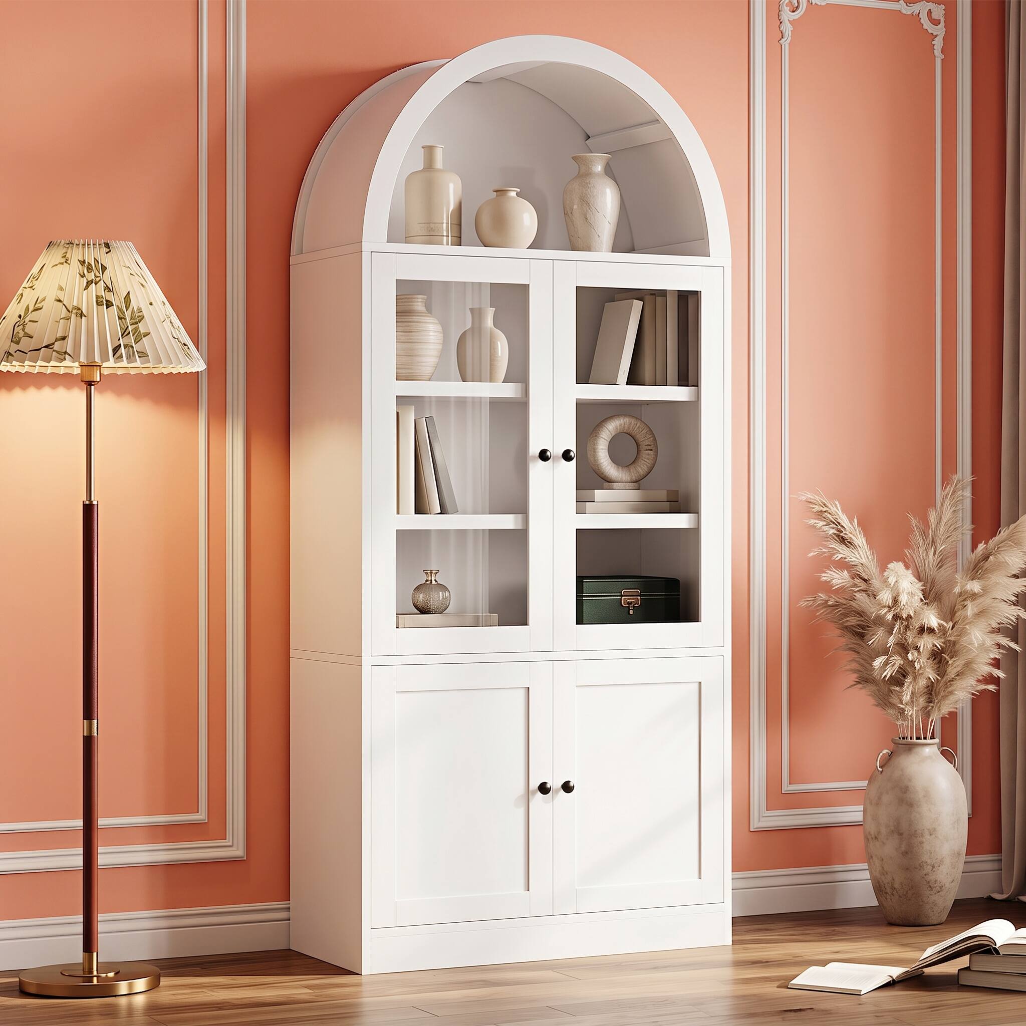 Alt View 9. Forest'nSky - 31.5 in. W x 15.7 in. D x 71.25 in. H White Arched Top Storage Cabinet with Tempered Glass Doors and Soft Close Hinges - White.