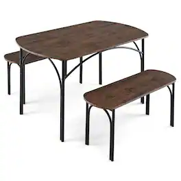 Costway - 3 PCS 48" Dining Table Set for 4Rectangular Table & 2 Benches with Metal Frame - Brown and Black