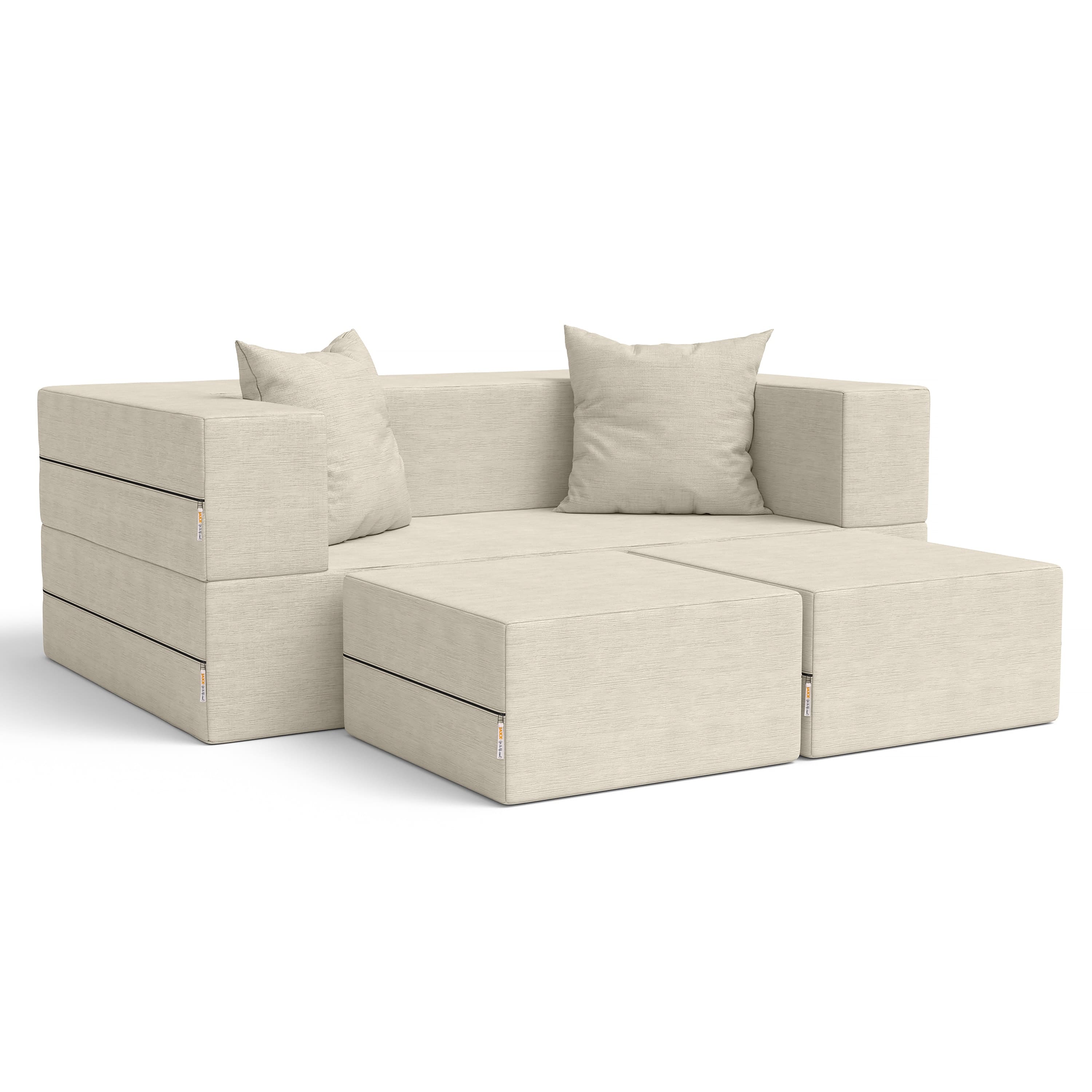 Jaxx - Zipline Convertible Sleeper Loveseat & Ottomans, Textured Microvelvet - Ivory