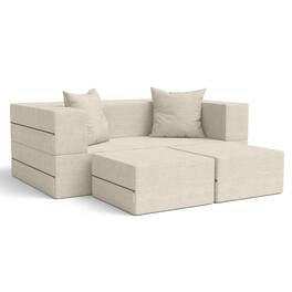 Jaxx - Zipline Convertible Sleeper Loveseat & Ottomans, Textured Microvelvet - Ivory