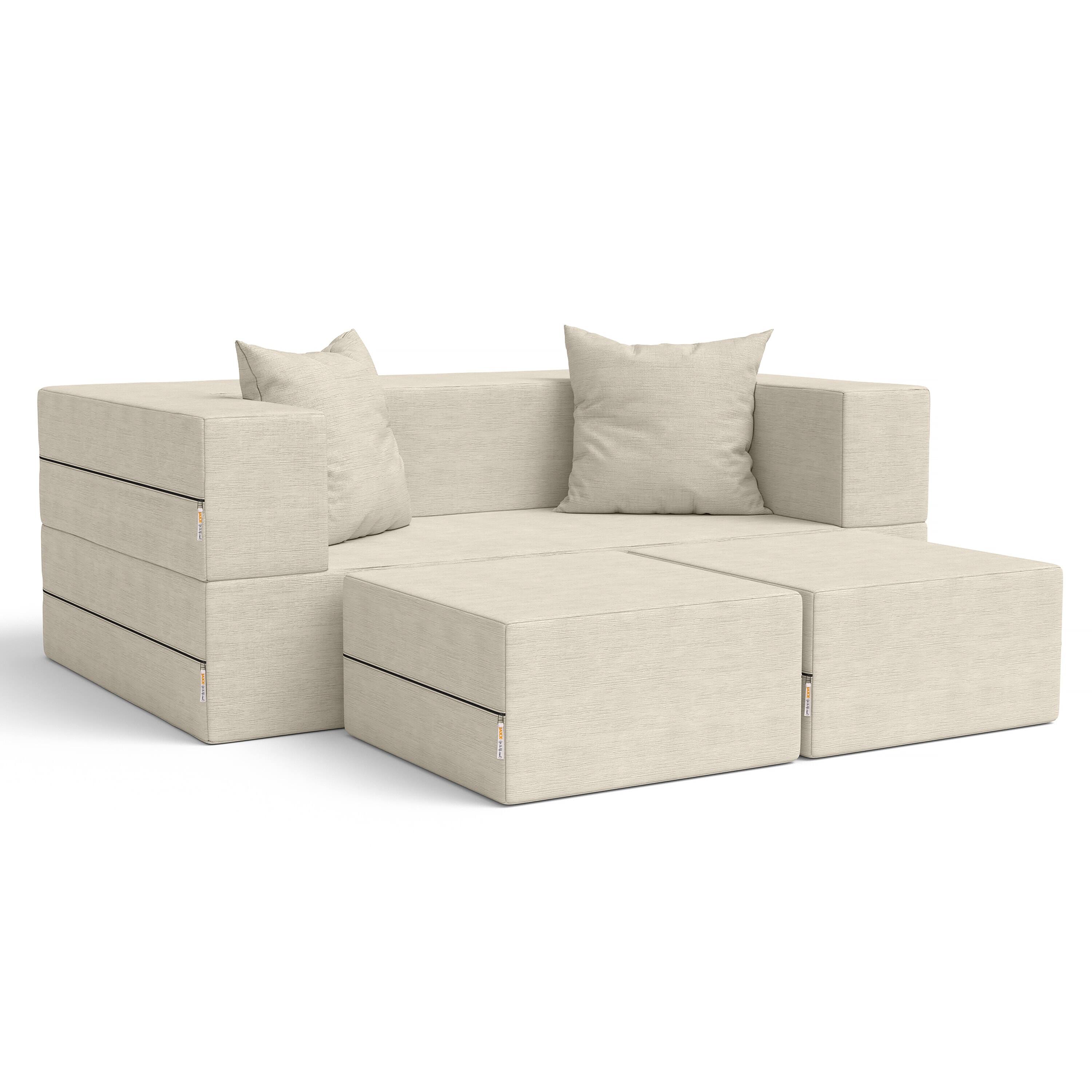 Front. Jaxx - Jaxx Zipline Convertible Sleeper Loveseat & Ottomans, Textured Microvelvet - Ivory - Ivory.
