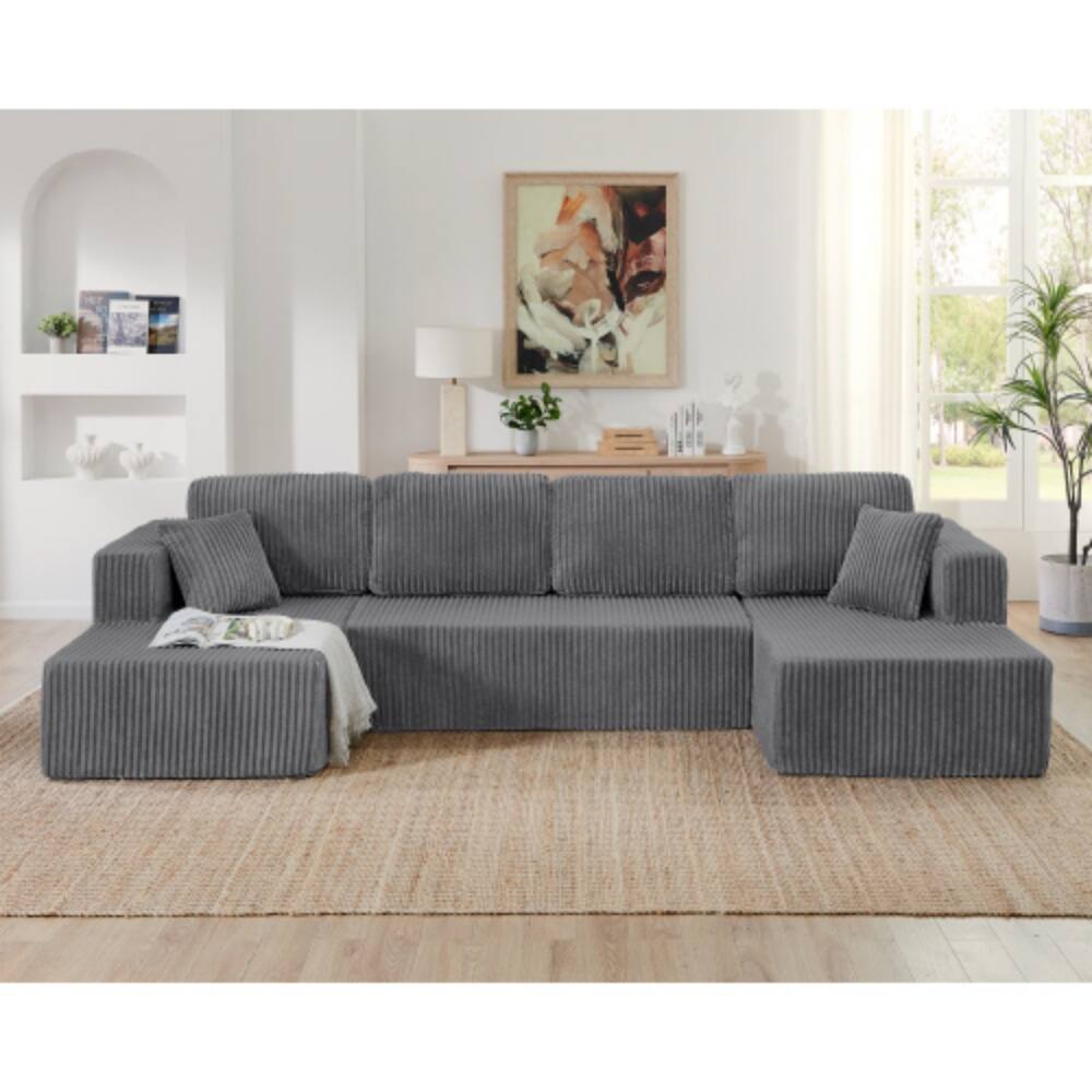 Angle. LUCKY ONE - U-Shape Modular Sectional Sofa Compressed Corduroy Sleeper Couch No Assembly - Grey.