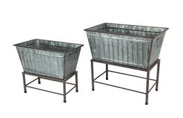 A & B Home - Rectangular Galvanized Metal Tub Planters On Stand Set of 2 - Gray