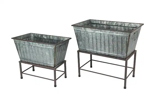 Front. Zeckos - Set of 2 Galvanized Zinc Finish Metal Tub Planters On Stands - Silver.