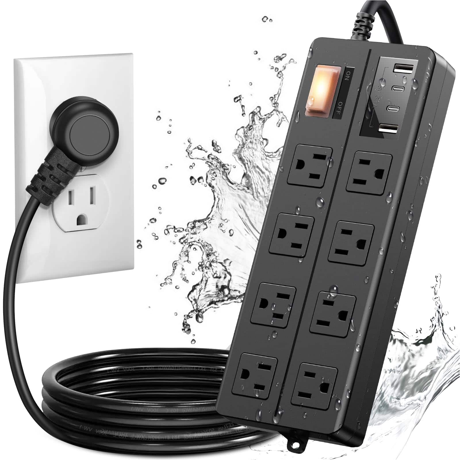 Dazzed Corner - IPX6 Waterproof Power Strip, 8 Outlets & 4 USB Ports, 6FT Cord, Weatherproof - Black