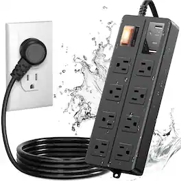 Dazzed Corner - IPX6 Waterproof Power Strip, 8 Outlets & 4 USB Ports, 6FT Cord, Weatherproof - Black