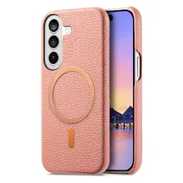 Dteck - Lychee Texture Case for Samsung Galaxy S26, Premium PU Leather Magnetic Shockproof Hard PC Cover with Raised Edges - Pink