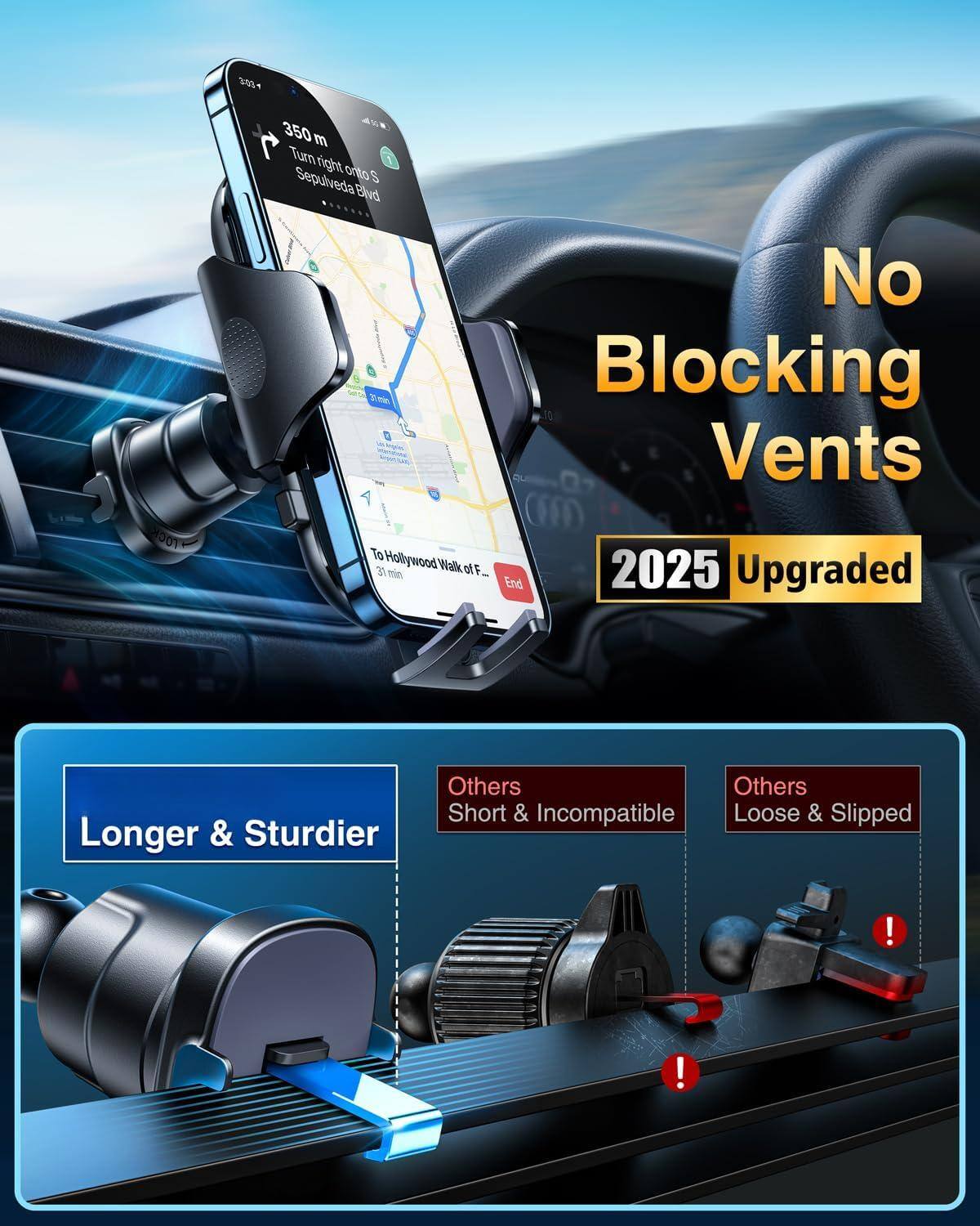 - 350 m
- Turn right onto S Sepulveda Blvd
- To Hollywood Walk of F... 31 min
- No Blocking Vents
- 2025 Upgraded
- Longer & Sturdier
- Others Short & Incompatible
- Others Loose & Slipped