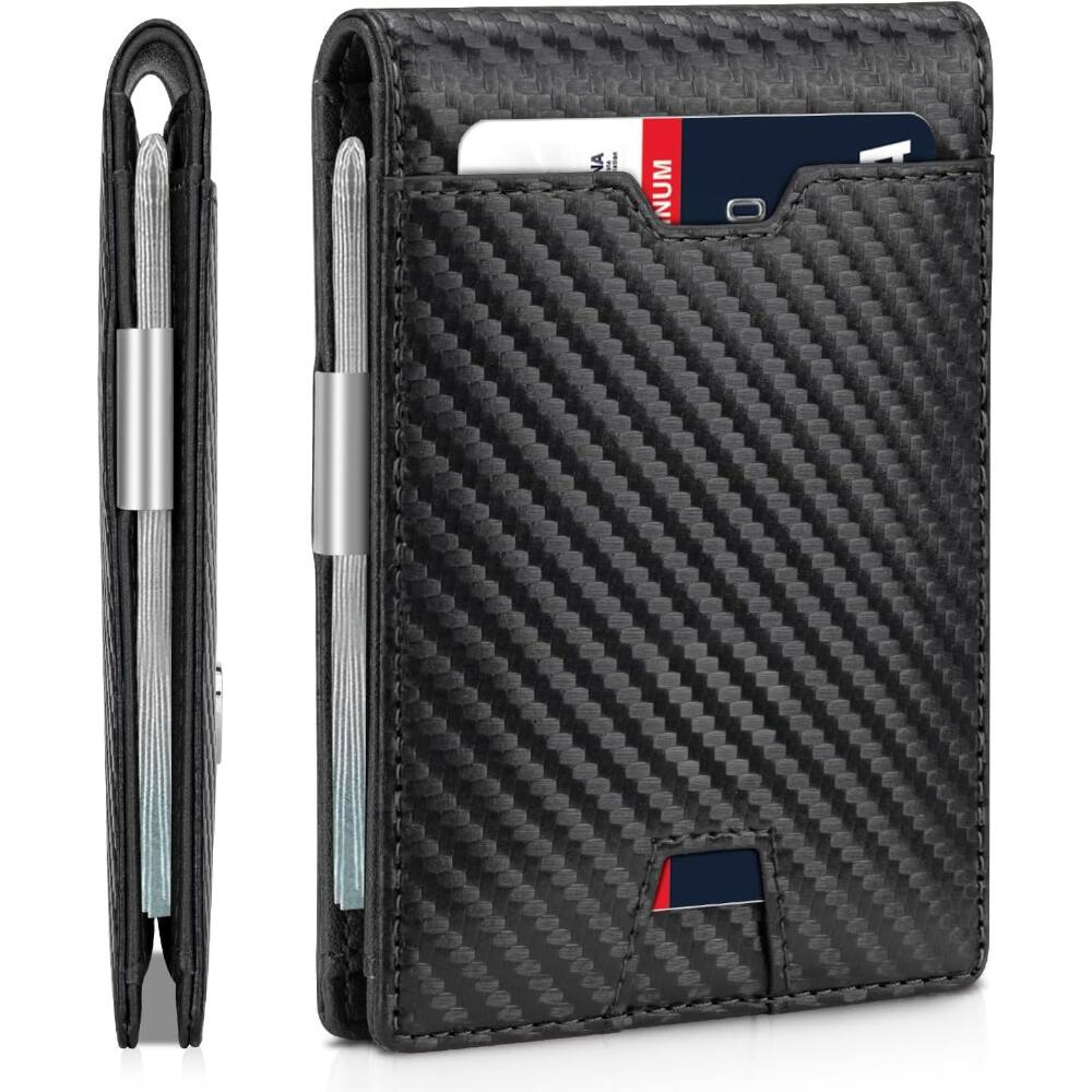 Front. ZUQIETA - ZUQIETA Money Clip & RFID Bifold - Slim Credit Card Holder Wallet for Men, Includes Gift Box - Carbon Black.