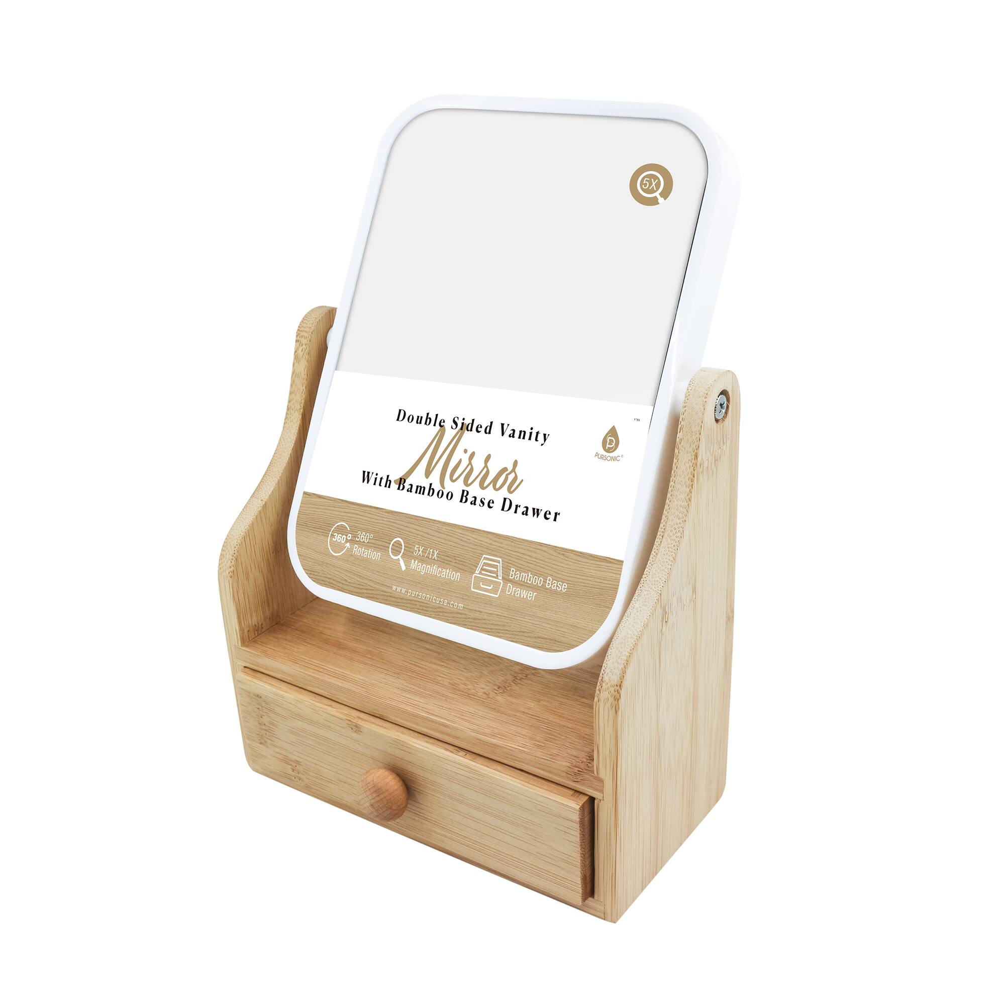 5X Double Sided Vanity With Mirror Bamboo Base Drawer 360° Rotation SE TL Magnification Bamboo Base Drawer