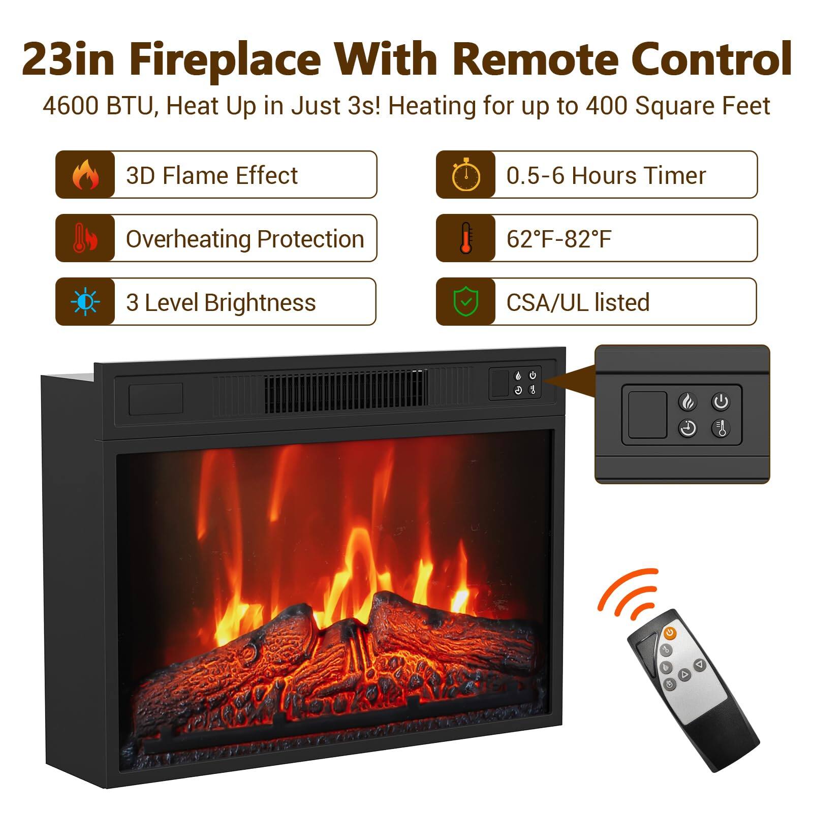 23in Fireplace With Remote Control  
4600 BTU, Heat Up in Just 3s! Heating for up to 400 Square Feet  

- 3D Flame Effect  
- Overheating Protection  
- 3 Level Brightness  
- 0.5-6 Hours Timer  
- 62°F-82°F  
- CSA/UL listed