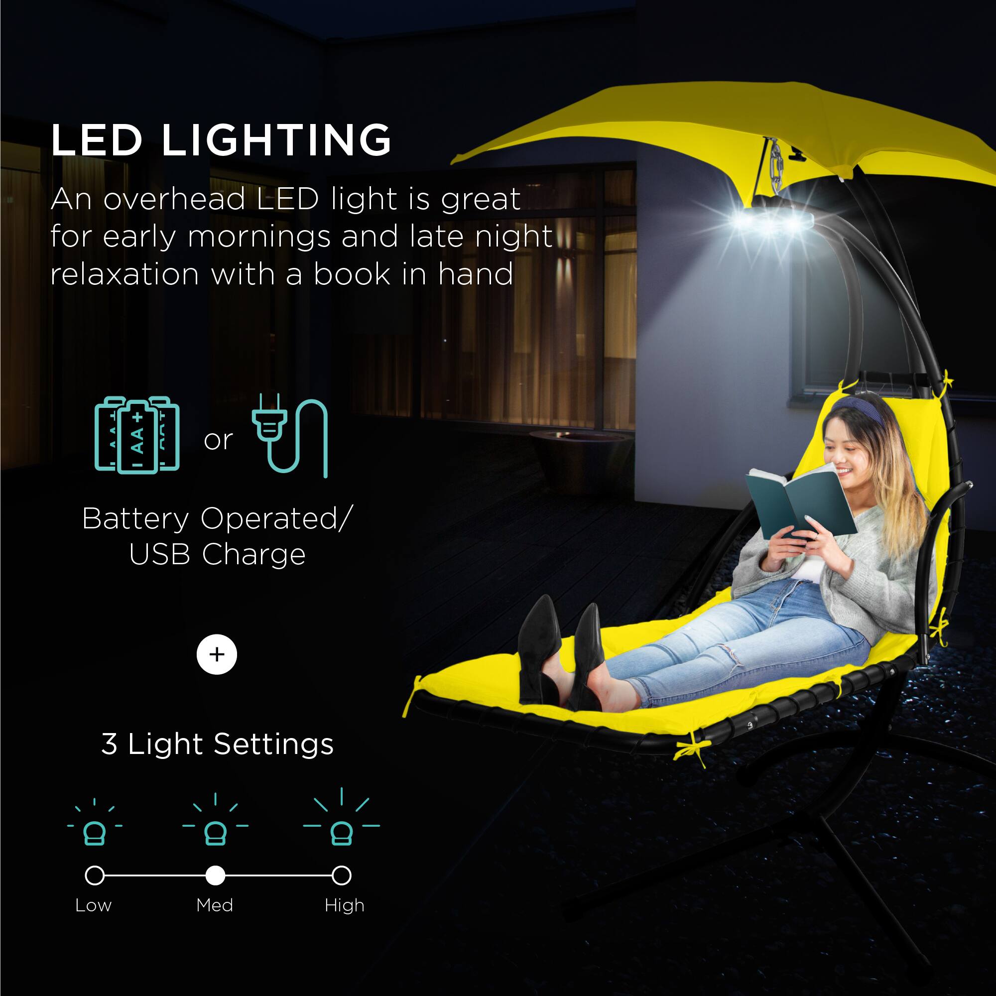 LED LIGHTING  
An overhead LED light is great for early mornings and late night relaxation with a book in hand  

Battery Operated/ USB Charge  

3 Light Settings  
Low Med High