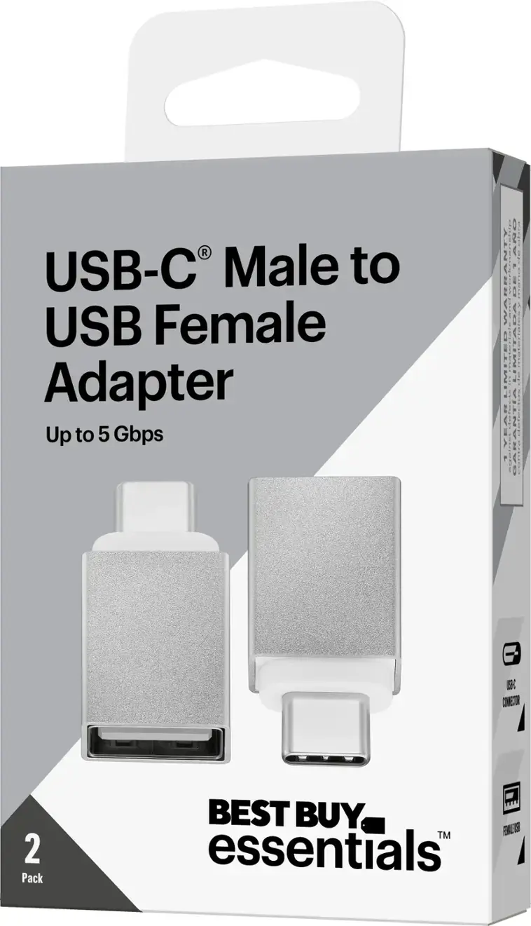 The text on the image reads: "USB-C Male to USB Female Adapter - Up to 5 Gbps - 2 Pack - Best Buy Essentials - Limited 1-Year Warranty - Made in China - Limited Lifetime Warranty against defects."