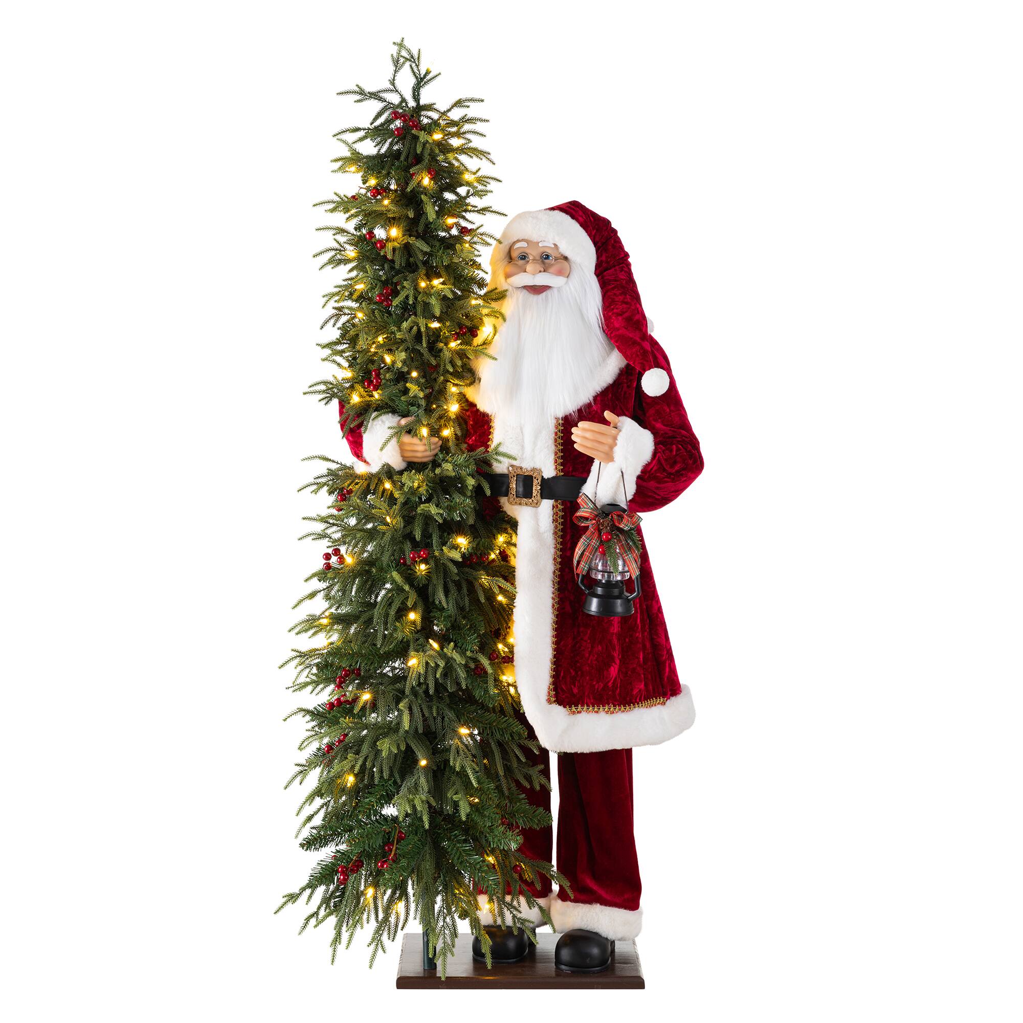 Angle. Glitzhome - 4FT Oversized Traditional Santa with 5FT Lighted Greenery PE Dripping Christmas Tree - Multi-Colored.